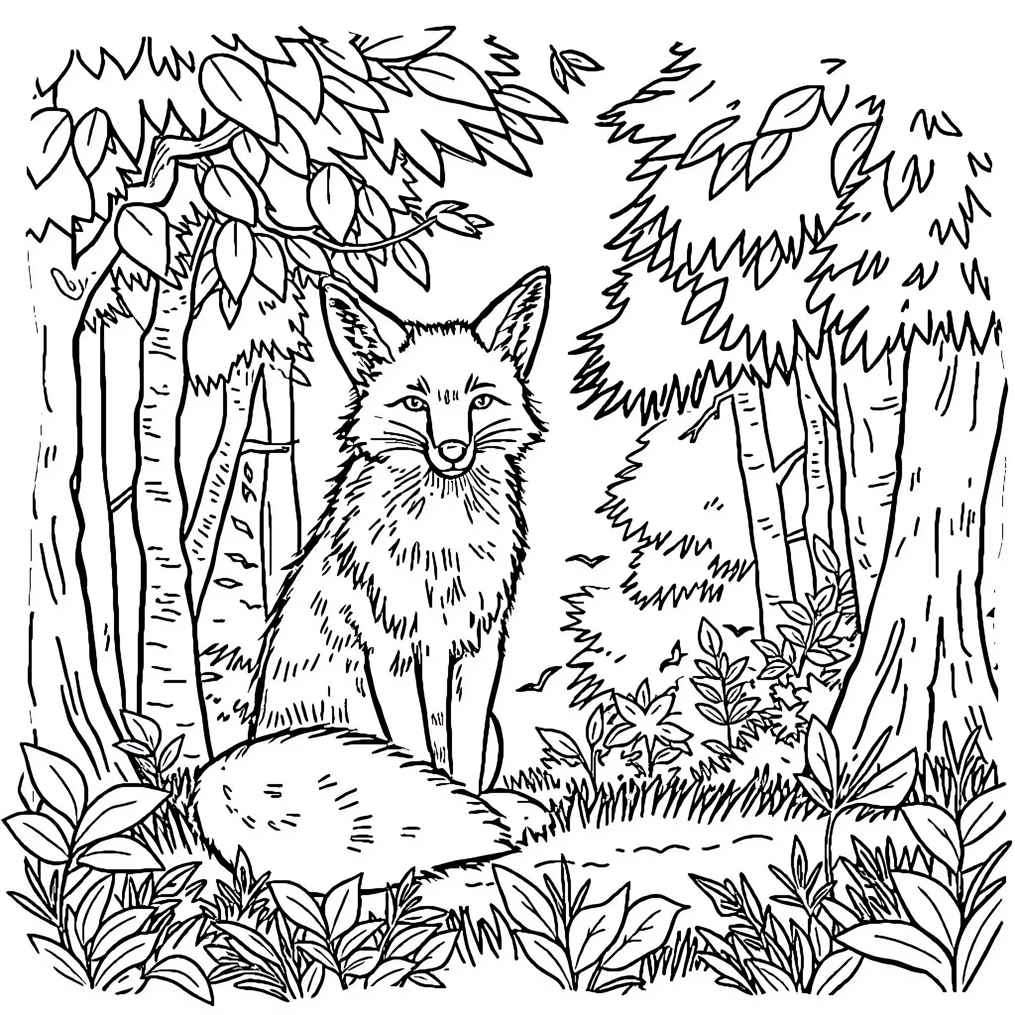 Fox in the Enchanted Forest Coloring Page (free black-and-white line drawing printable PDF for all, from beginners to advanced learners, including children, teens, adults, and seniors)