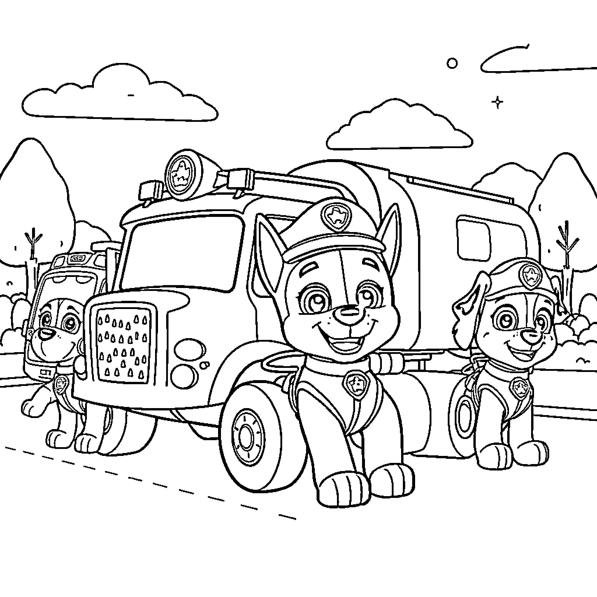 Truck with cartoon puppies on an outdoor adventure Coloring Page (free black-and-white line drawing printable PDF for all, from beginners to advanced learners, including children, teens, adults, and seniors)