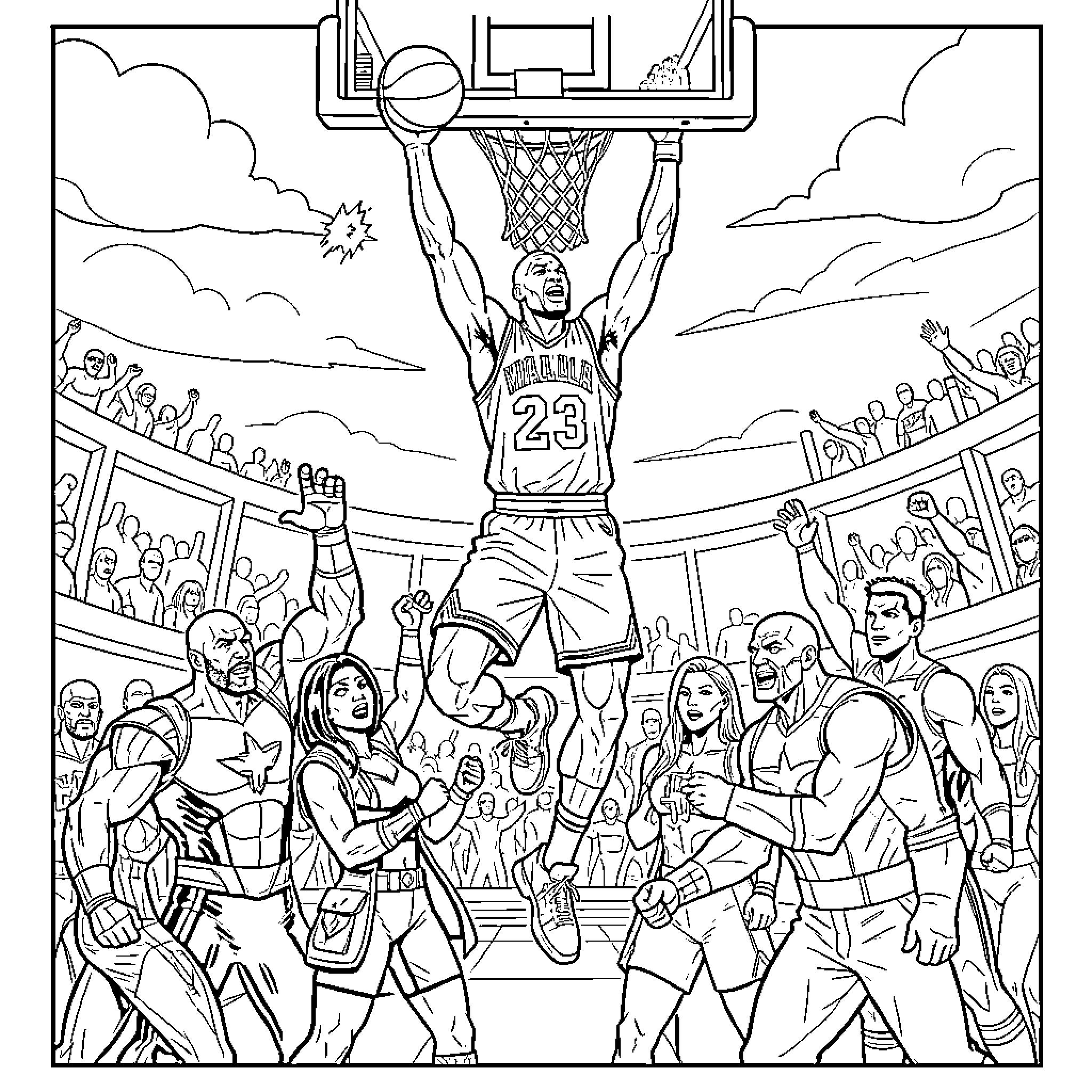 Michael Jordan performing a powerful slam dunk Coloring Page (free black-and-white line drawing printable PDF for all, from beginners to advanced learners, including children, teens, adults, and seniors)