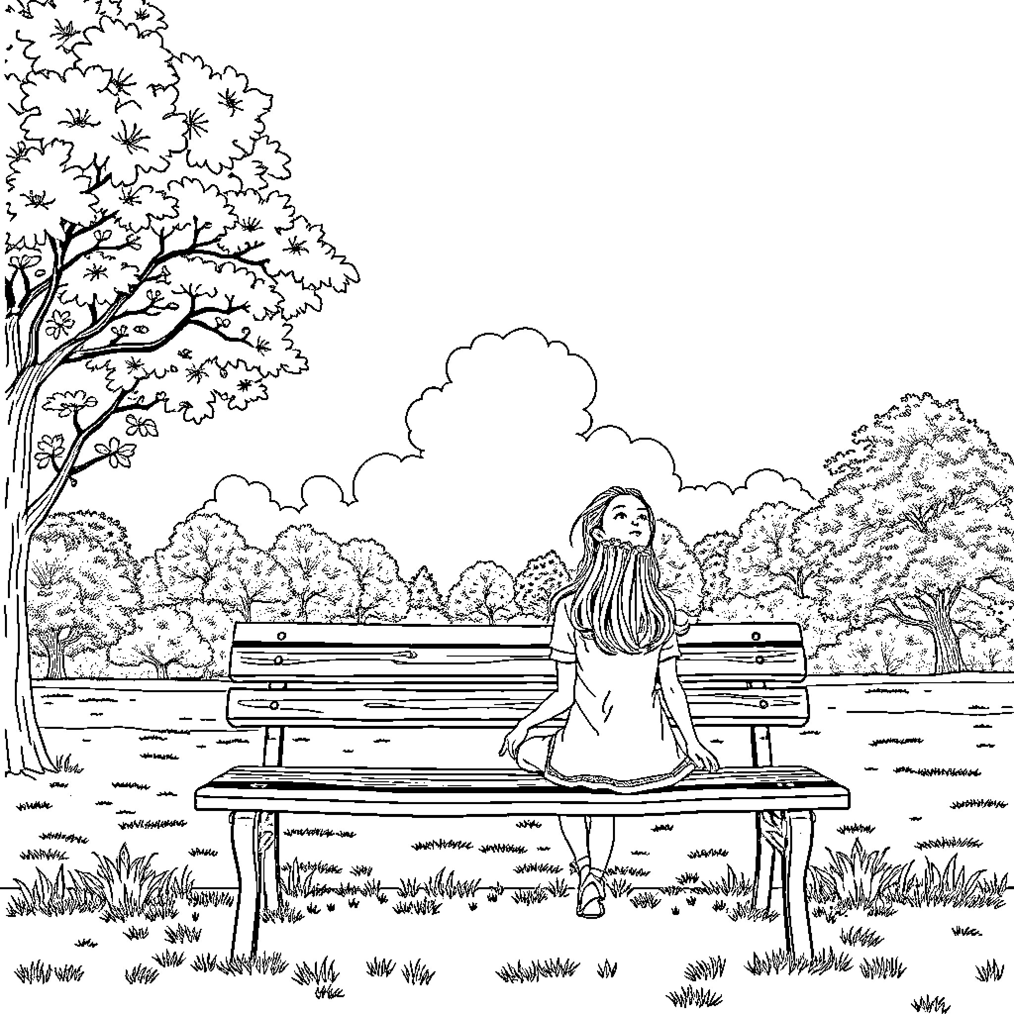Girl sitting pensively on park bench Coloring Page (free black-and-white line drawing printable PDF for all, from beginners to advanced learners, including children, teens, adults, and seniors)