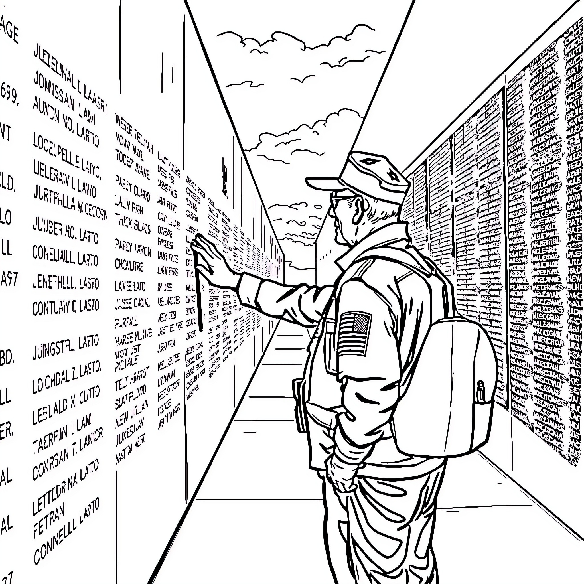 Veteran examining memorial wall with names Coloring Page (free black-and-white line drawing printable PDF for all, from beginners to advanced learners, including children, teens, adults, and seniors)