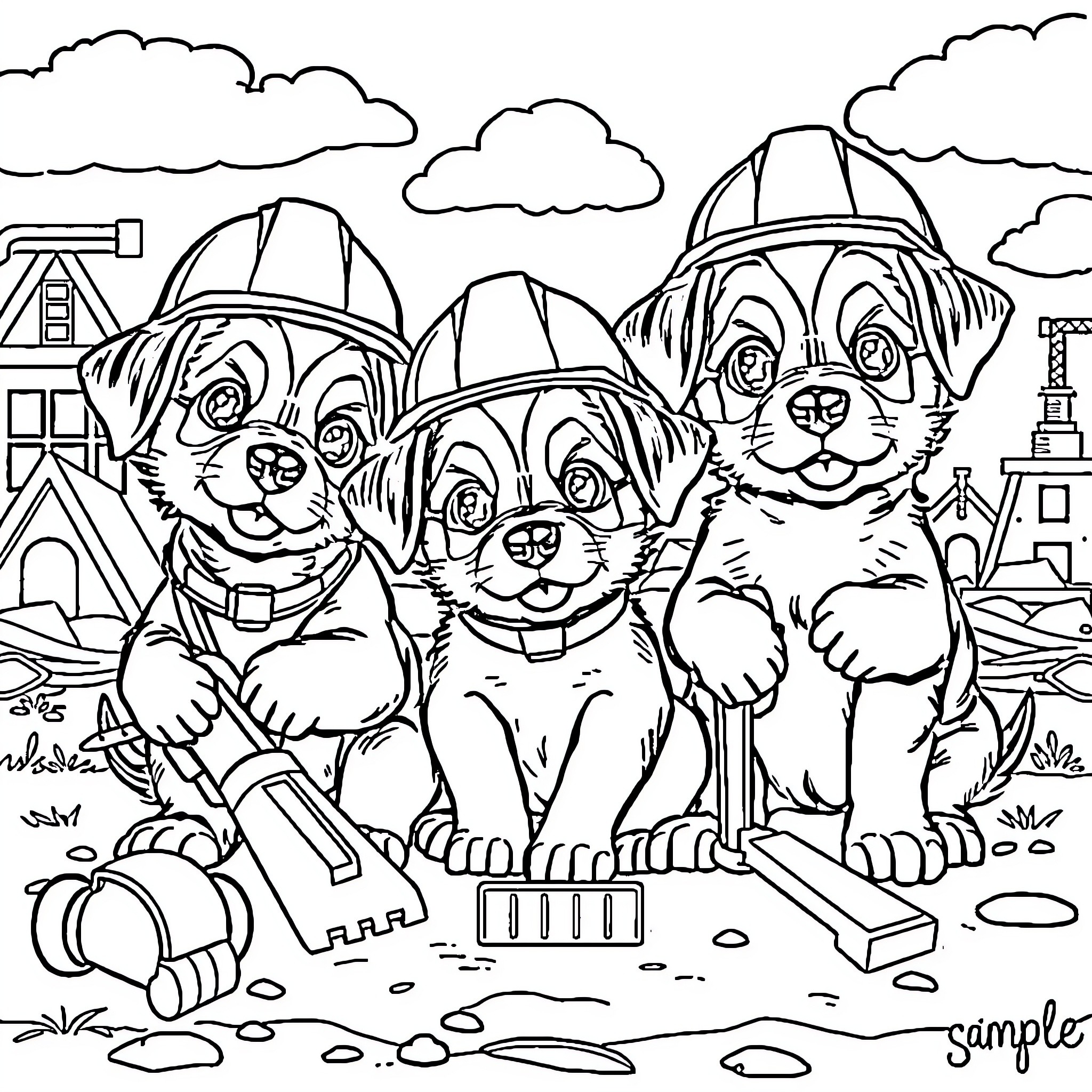 Puppies in construction gear exploring the site Coloring Page (free black-and-white line drawing printable PDF for all, from beginners to advanced learners, including children, teens, adults, and seniors)