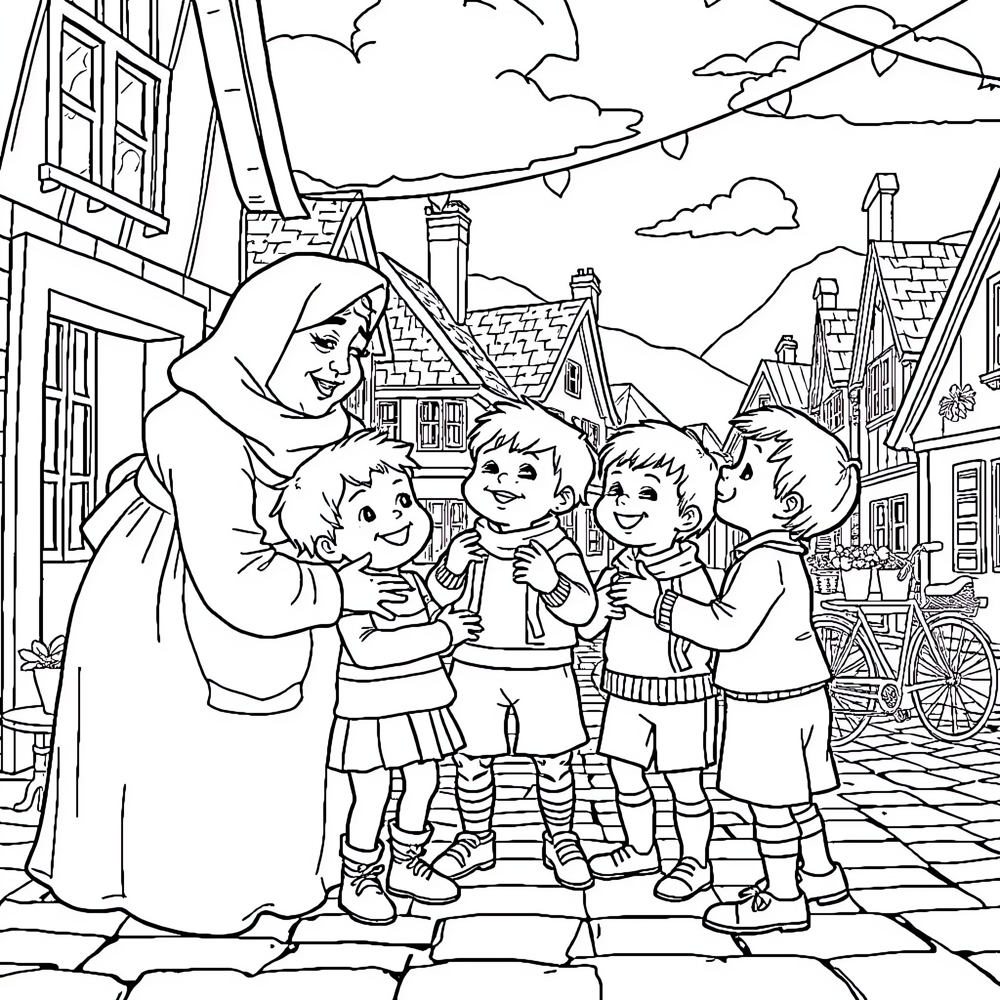 Kasper's Adventures with Children in a Quaint Village Coloring Page (free black-and-white line drawing printable PDF for all, from beginners to advanced learners, including children, teens, adults, and seniors)