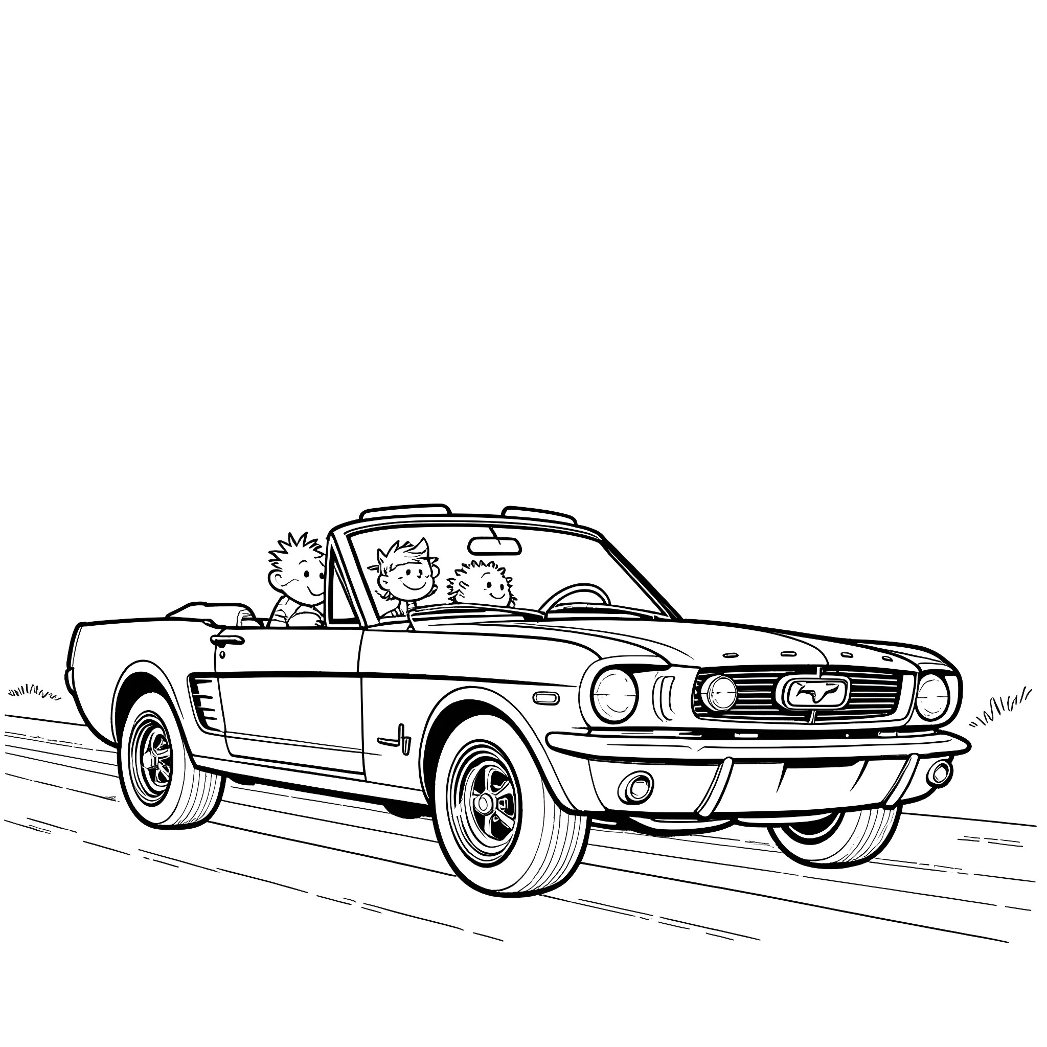 Calvin's Fun Convertible Ride Coloring Page (free black-and-white line drawing printable PDF for all, from beginners to advanced learners, including children, teens, adults, and seniors)