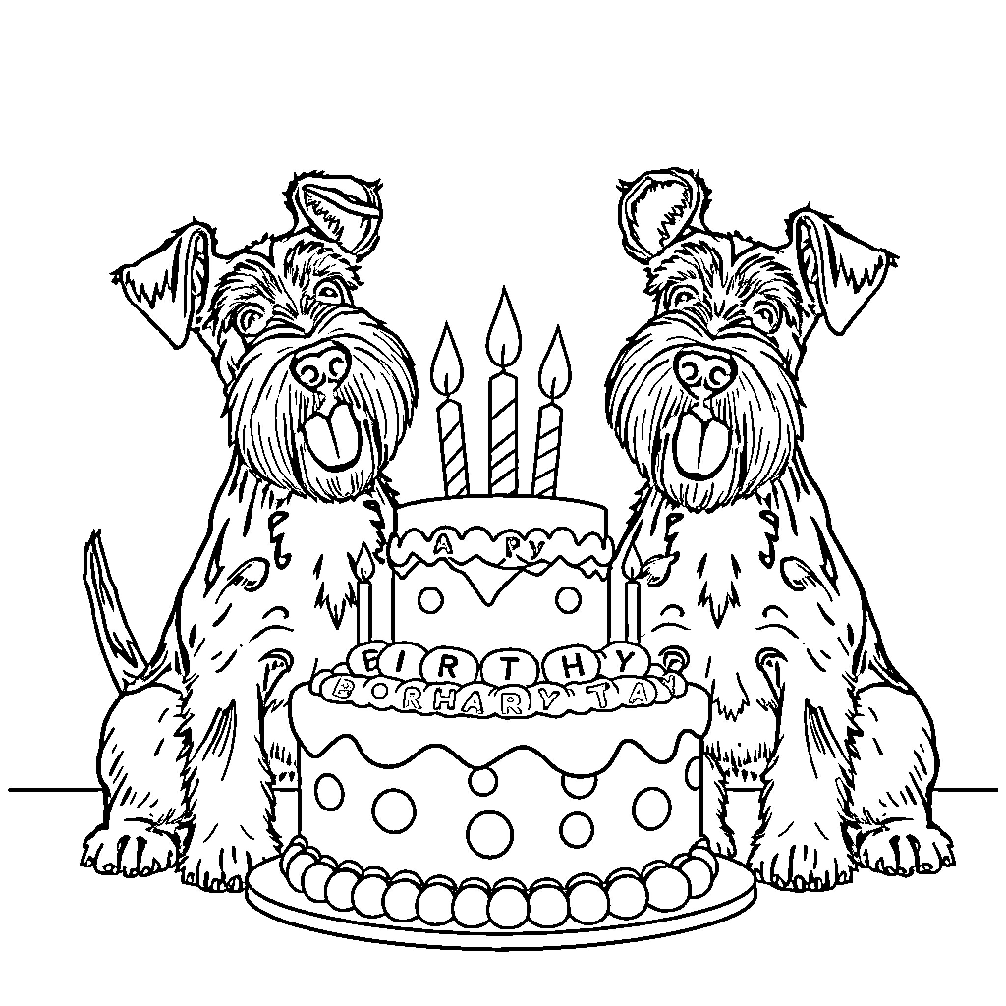 Airedale Terriers Celebrating Birthday with Cake Coloring Page (free black-and-white line drawing printable PDF for all, from beginners to advanced learners, including children, teens, adults, and seniors)