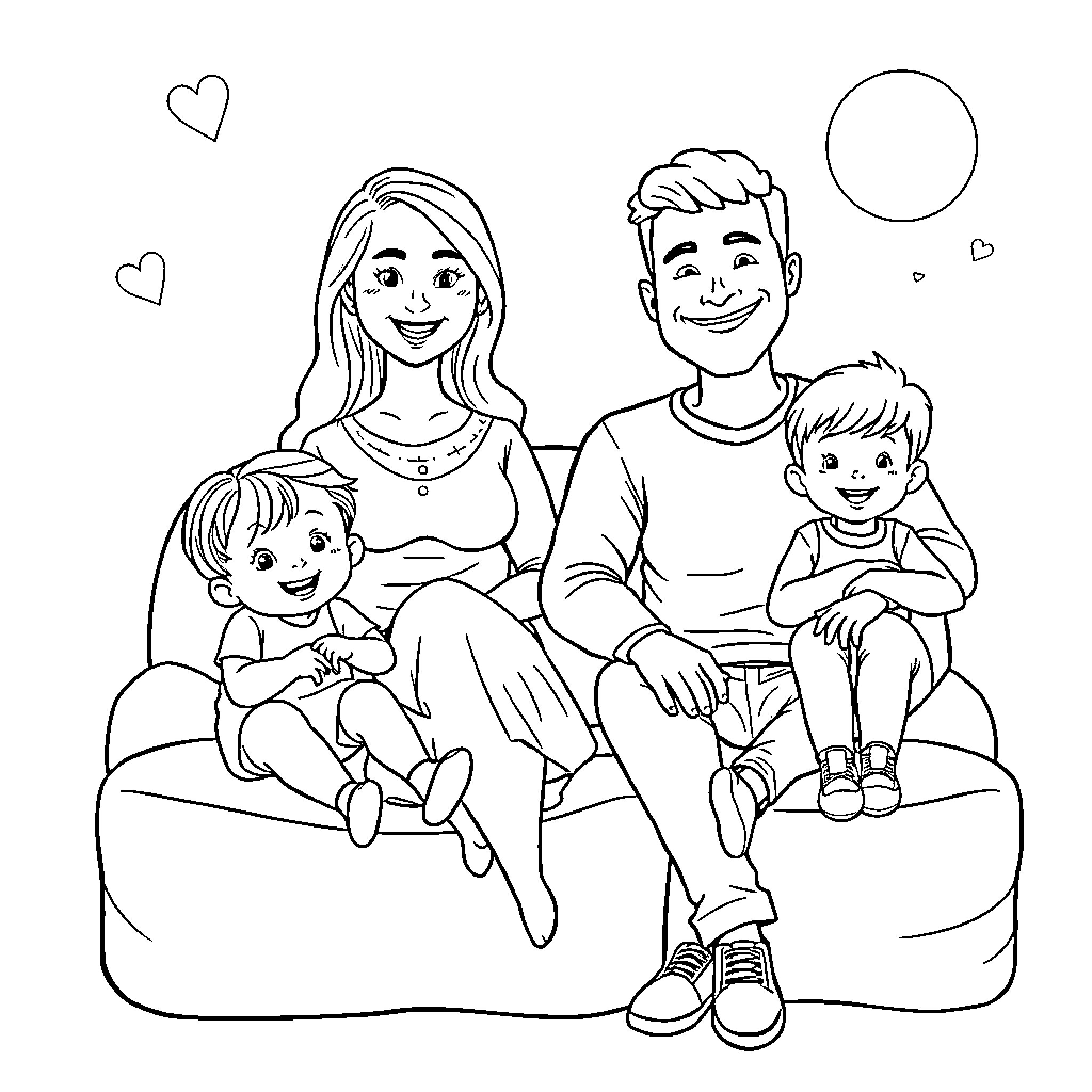 Family enjoying quality time together Coloring Page (free black-and-white line drawing printable PDF for all, from beginners to advanced learners, including children, teens, adults, and seniors)