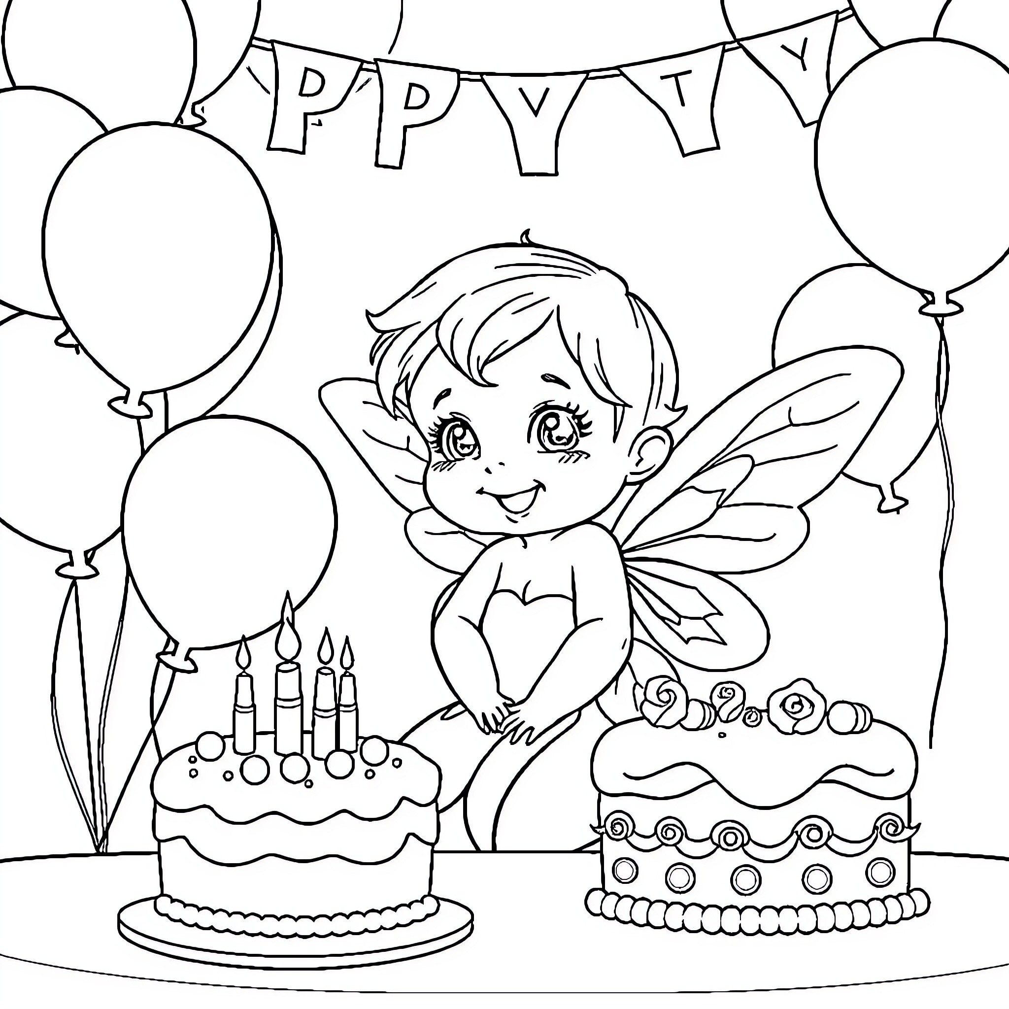 Fairy celebrating a birthday party with balloons and cakes Coloring Page (free black-and-white line drawing printable PDF for all, from beginners to advanced learners, including children, teens, adults, and seniors)