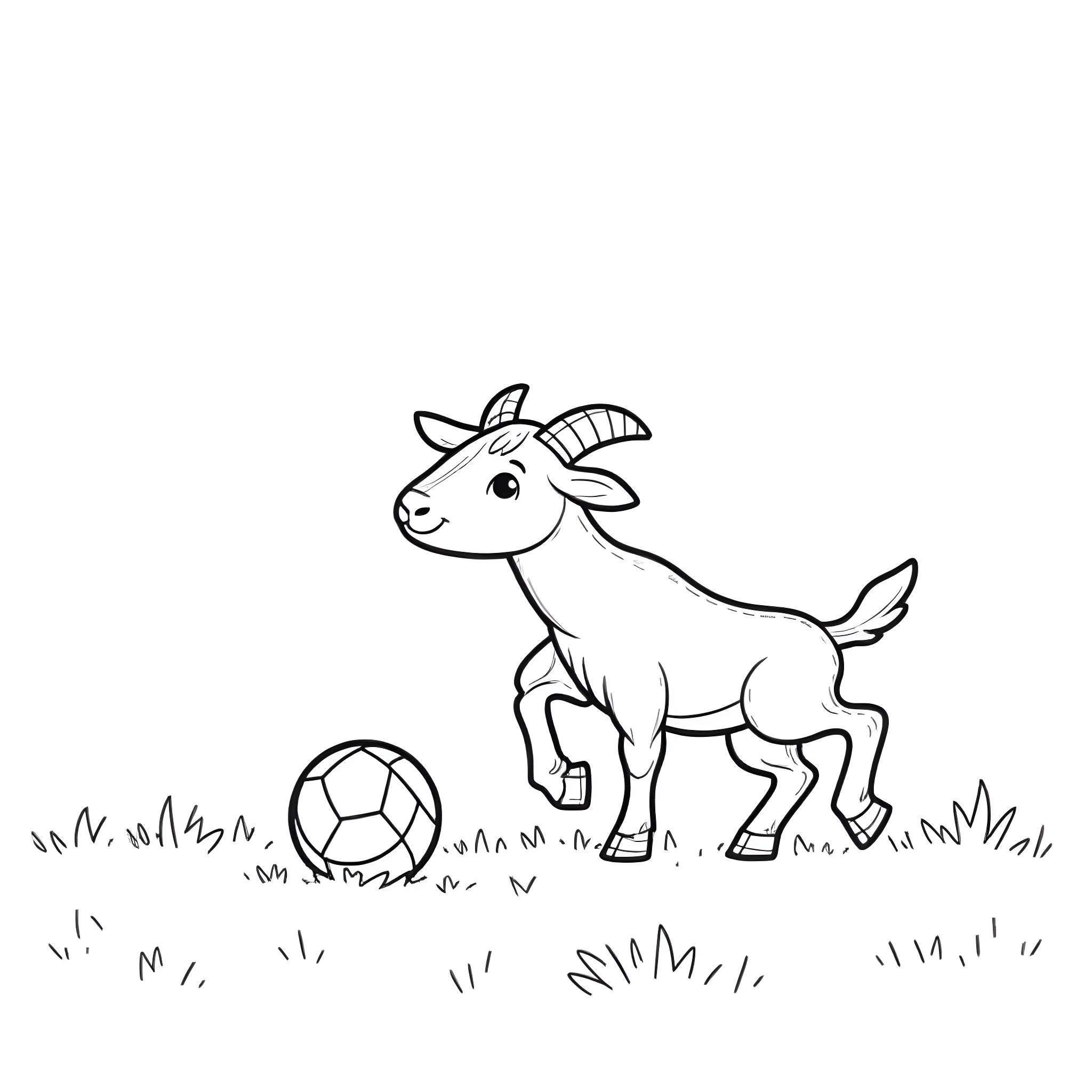 Goat playing with soccer ball in the field Coloring Page (free black-and-white line drawing printable PDF for all, from beginners to advanced learners, including children, teens, adults, and seniors)