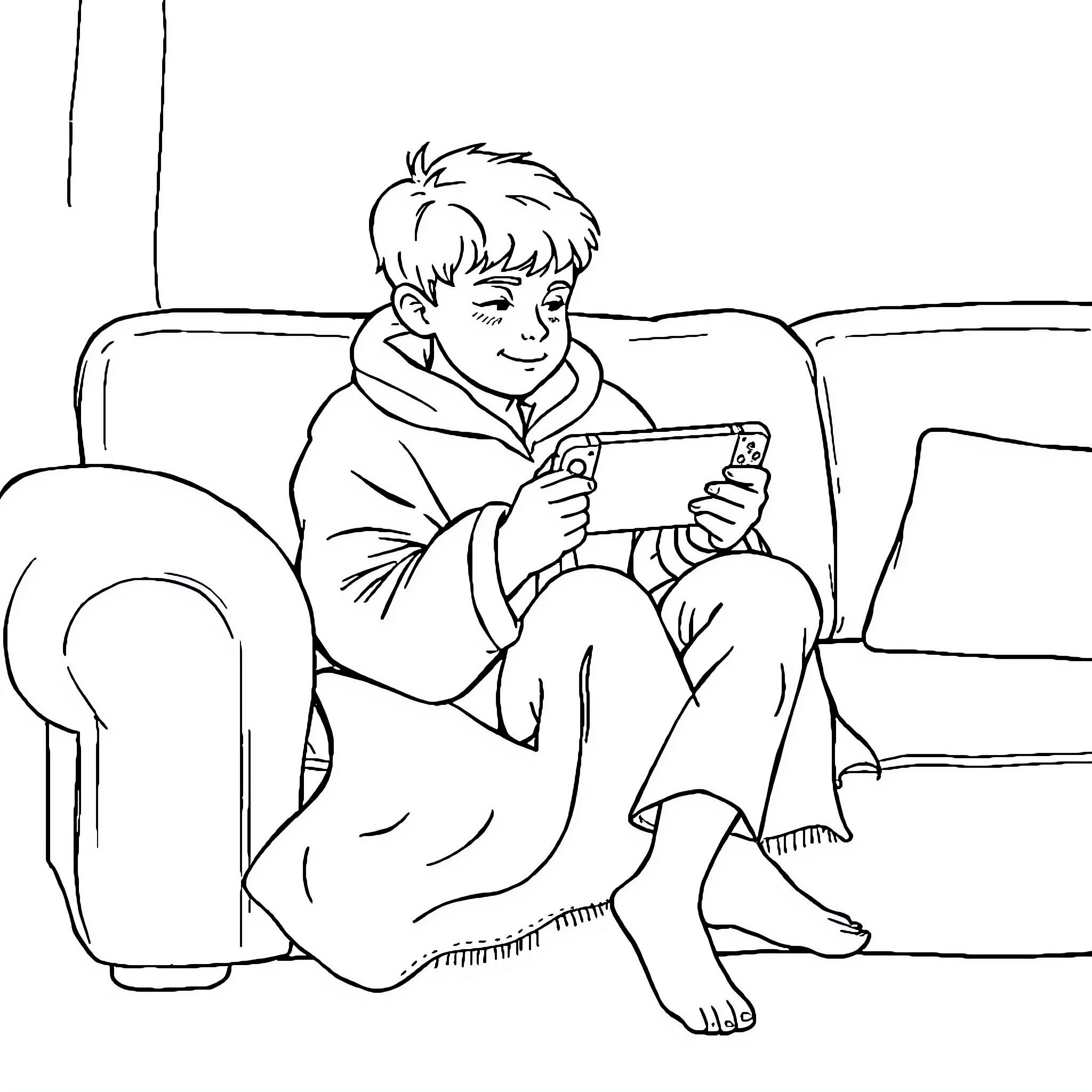 Boy playing on digital device in cozy armchair Coloring Page (free black-and-white line drawing printable PDF for all, from beginners to advanced learners, including children, teens, adults, and seniors)