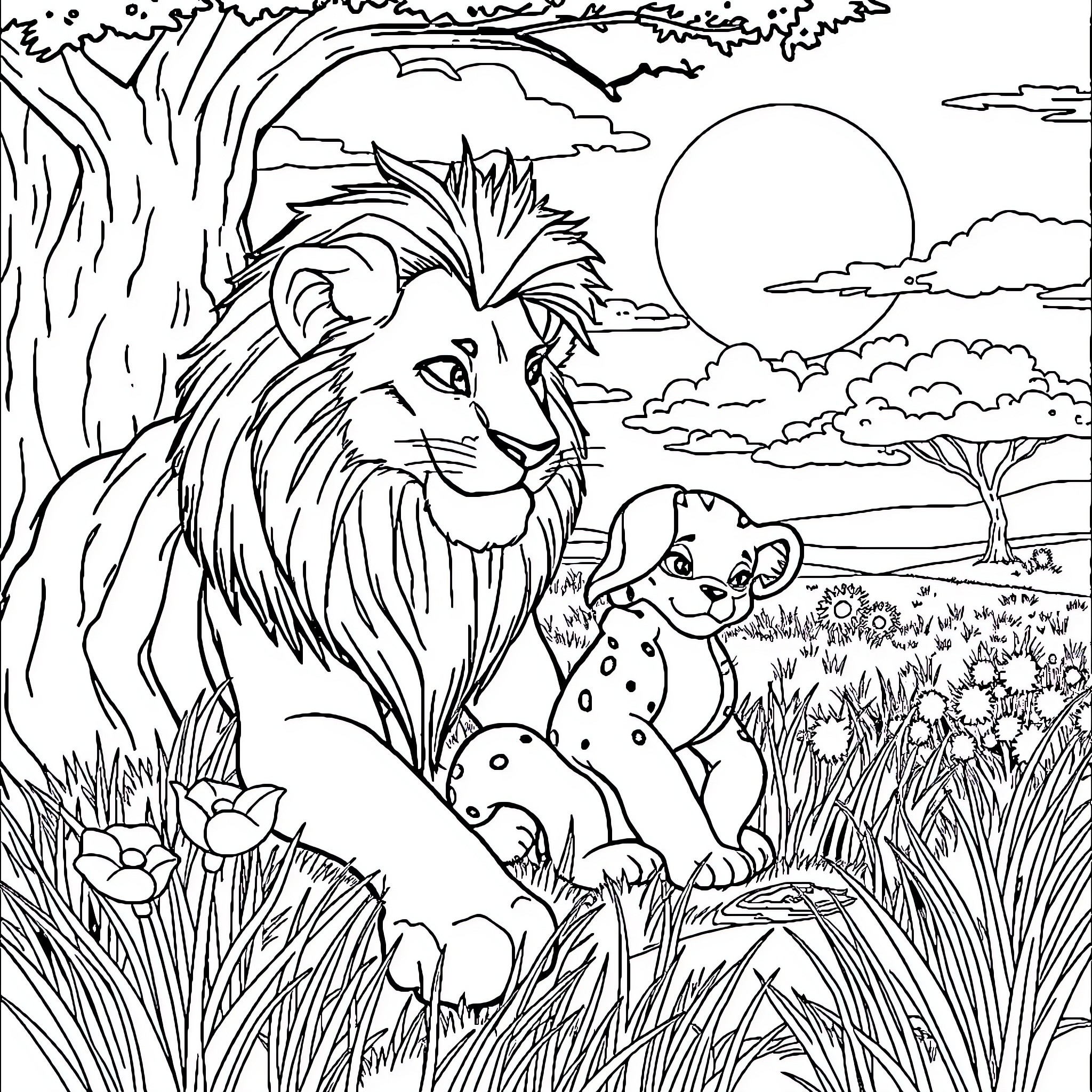 Lion resting in the serene African landscape Coloring Page (free black-and-white line drawing printable PDF for all, from beginners to advanced learners, including children, teens, adults, and seniors)