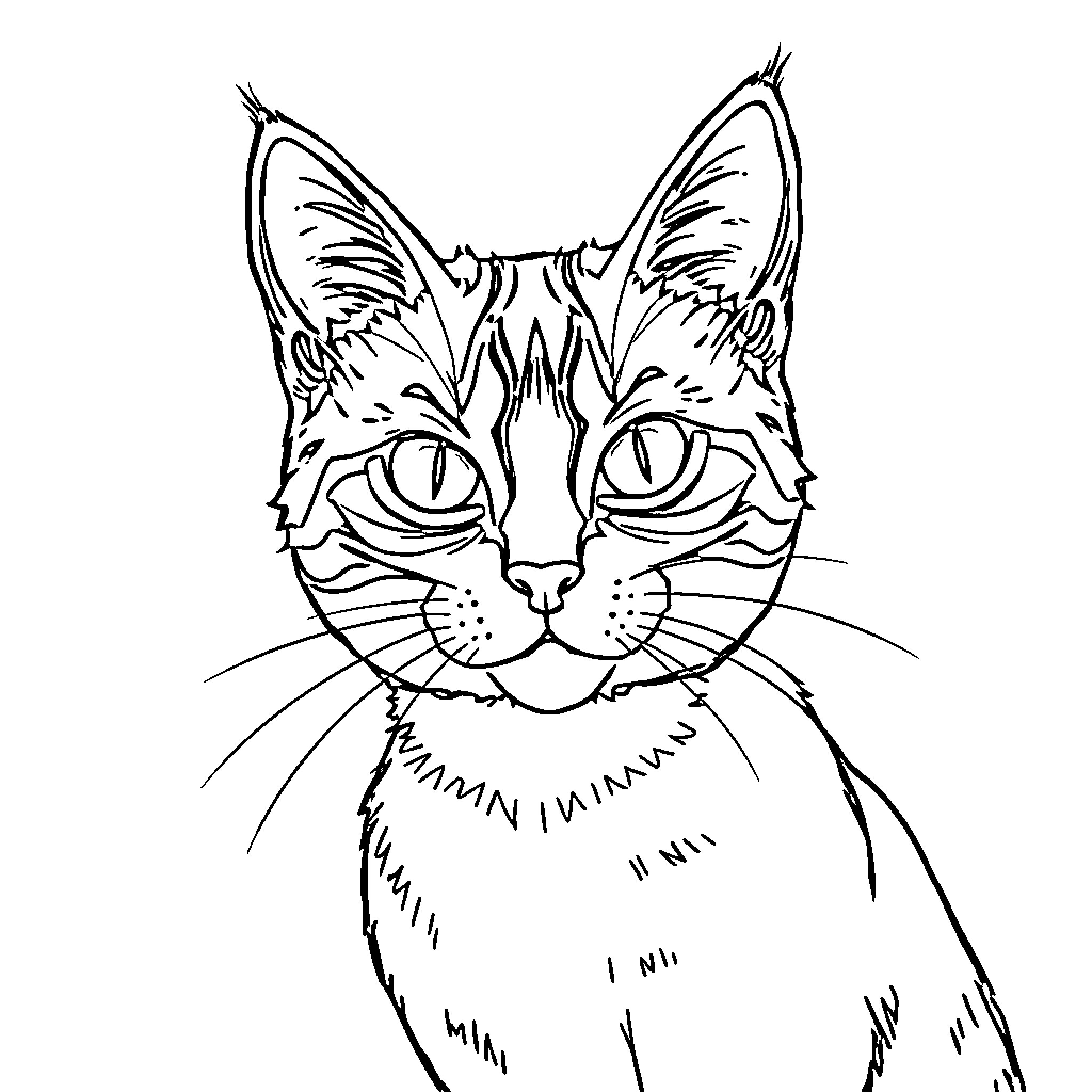Gato with alert expression and pointed ears Coloring Page (free black-and-white line drawing printable PDF for all, from beginners to advanced learners, including children, teens, adults, and seniors)