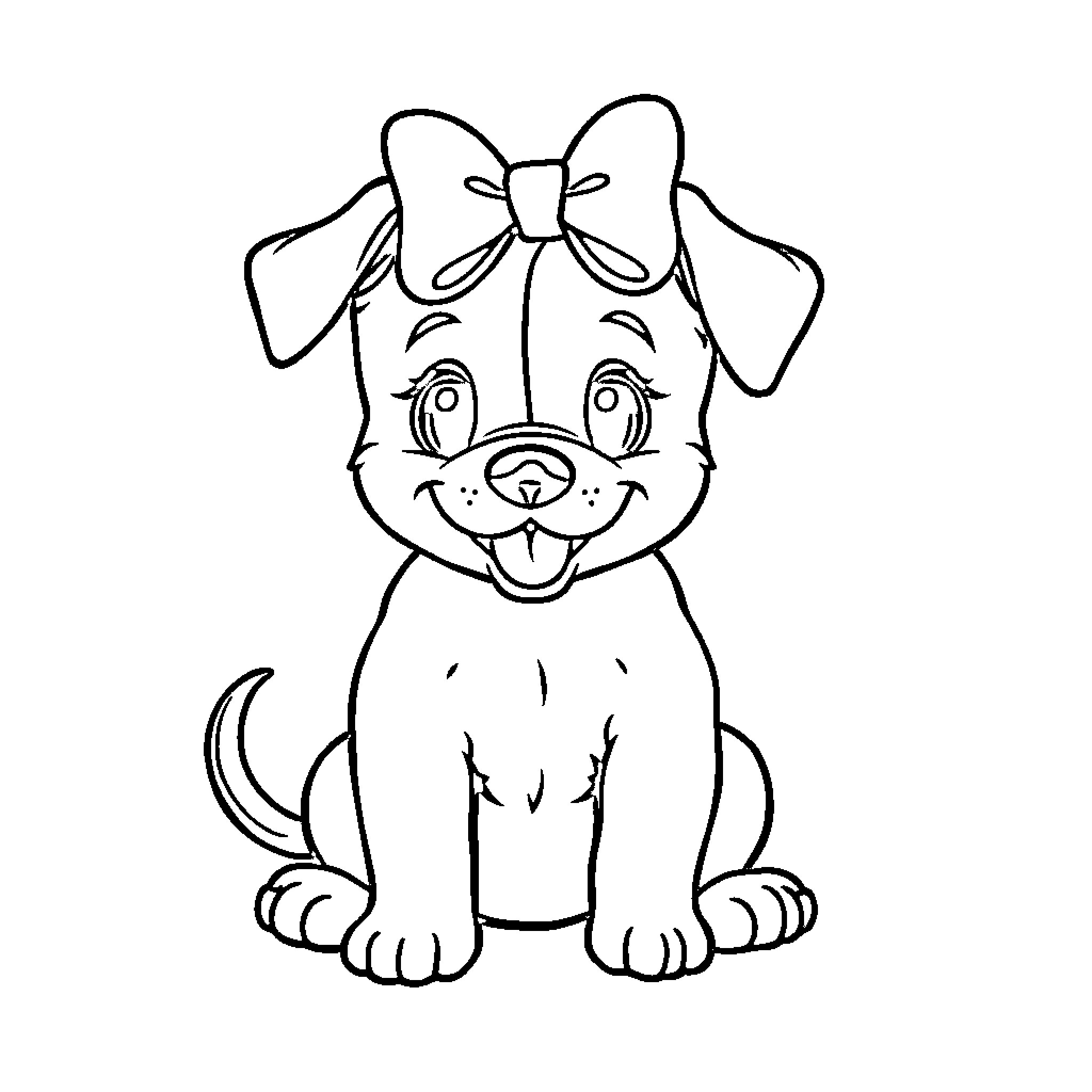 Puppy with a bow sitting cutely Coloring Page (free black-and-white line drawing printable PDF for all, from beginners to advanced learners, including children, teens, adults, and seniors)