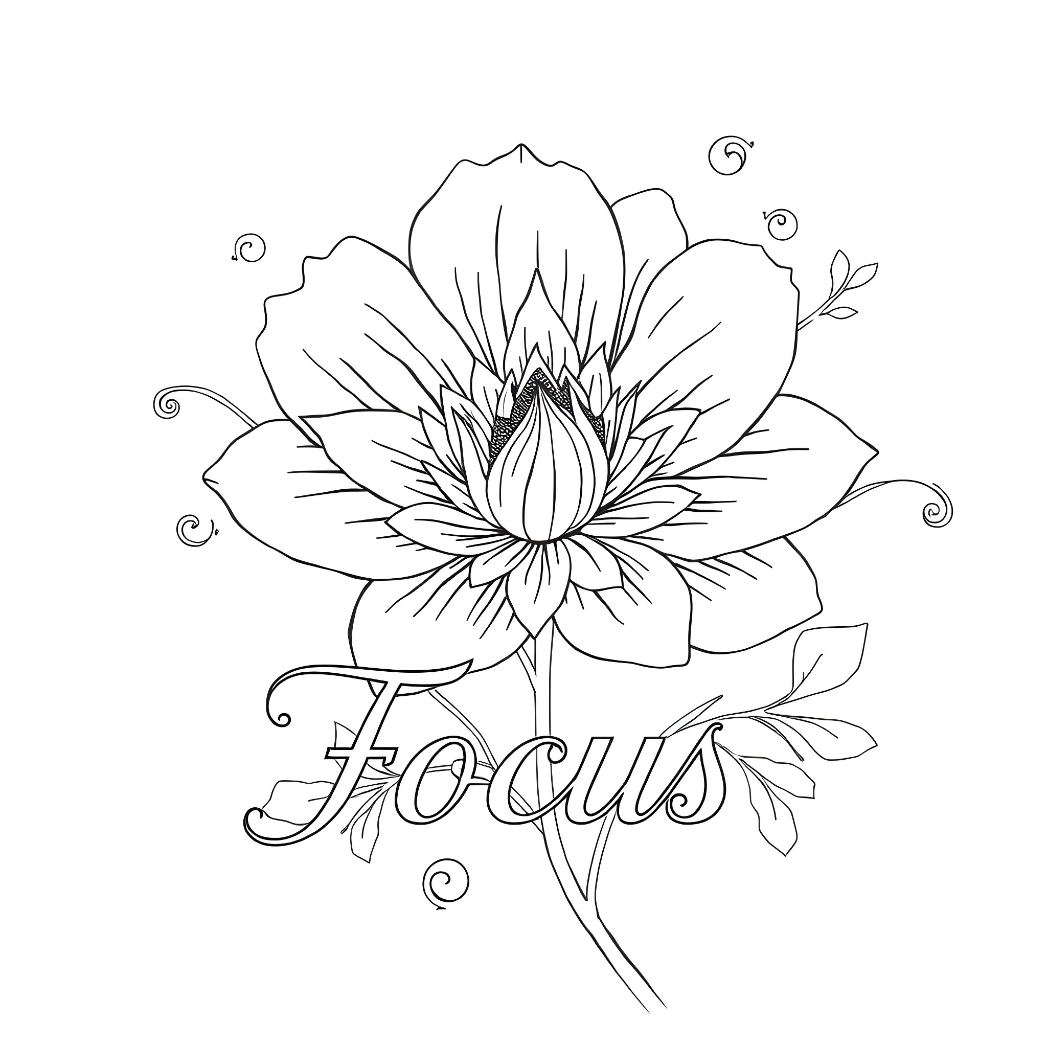 Flower with swirls and bold text Coloring Page (free black-and-white line drawing printable PDF for all, from beginners to advanced learners, including children, teens, adults, and seniors)