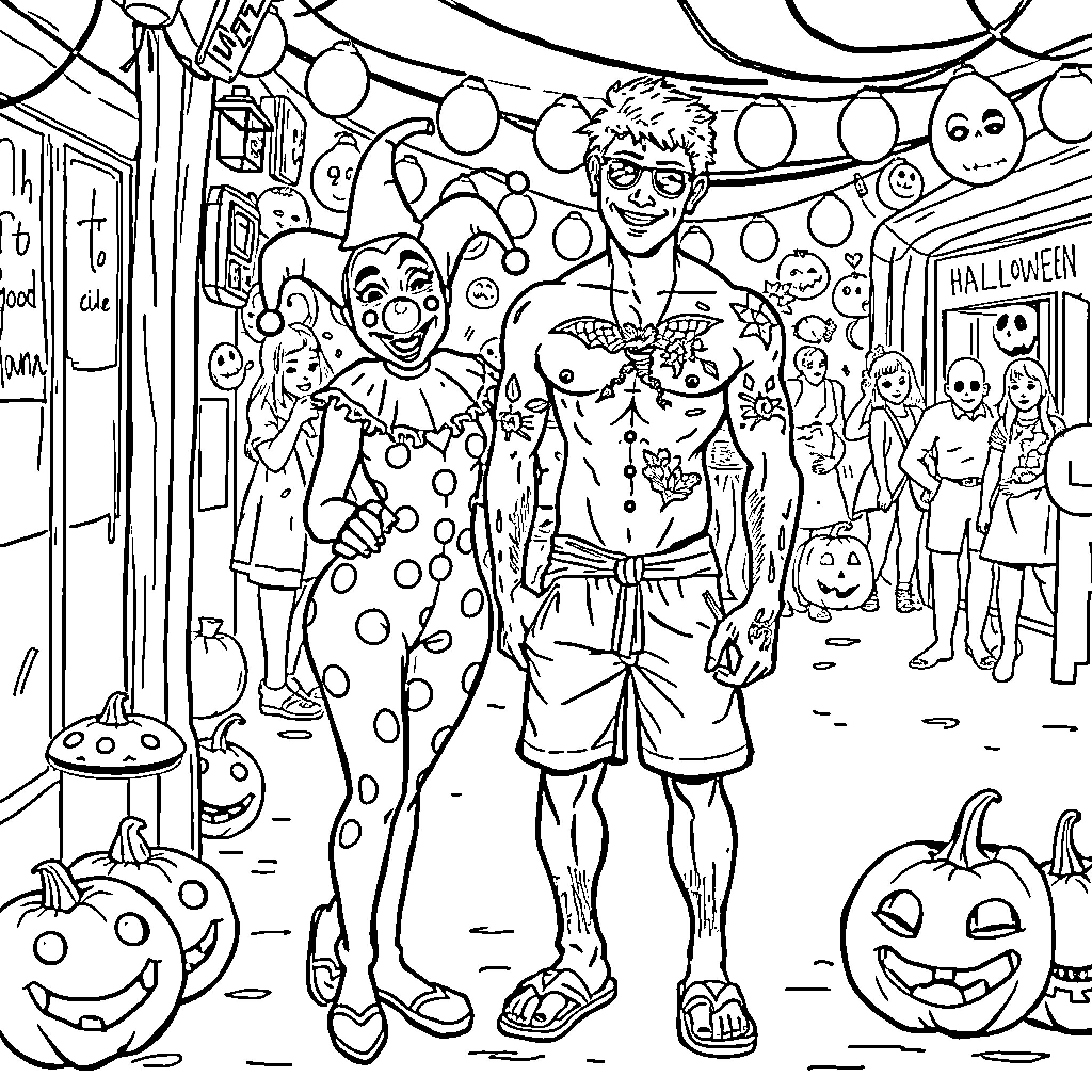 Clowns and costumed characters at a Halloween celebration Coloring Page (free black-and-white line drawing printable PDF for all, from beginners to advanced learners, including children, teens, adults, and seniors)