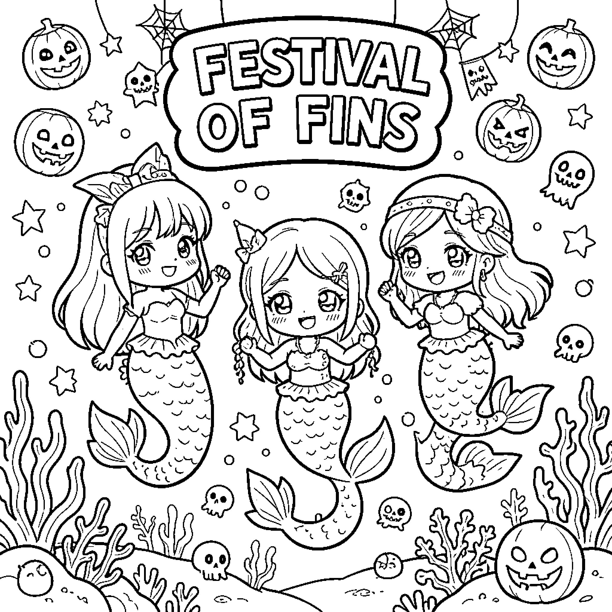 Mermaid characters celebrating a festive underwater Halloween party Coloring Page (free black-and-white line drawing printable PDF for all, from beginners to advanced learners, including children, teens, adults, and seniors)