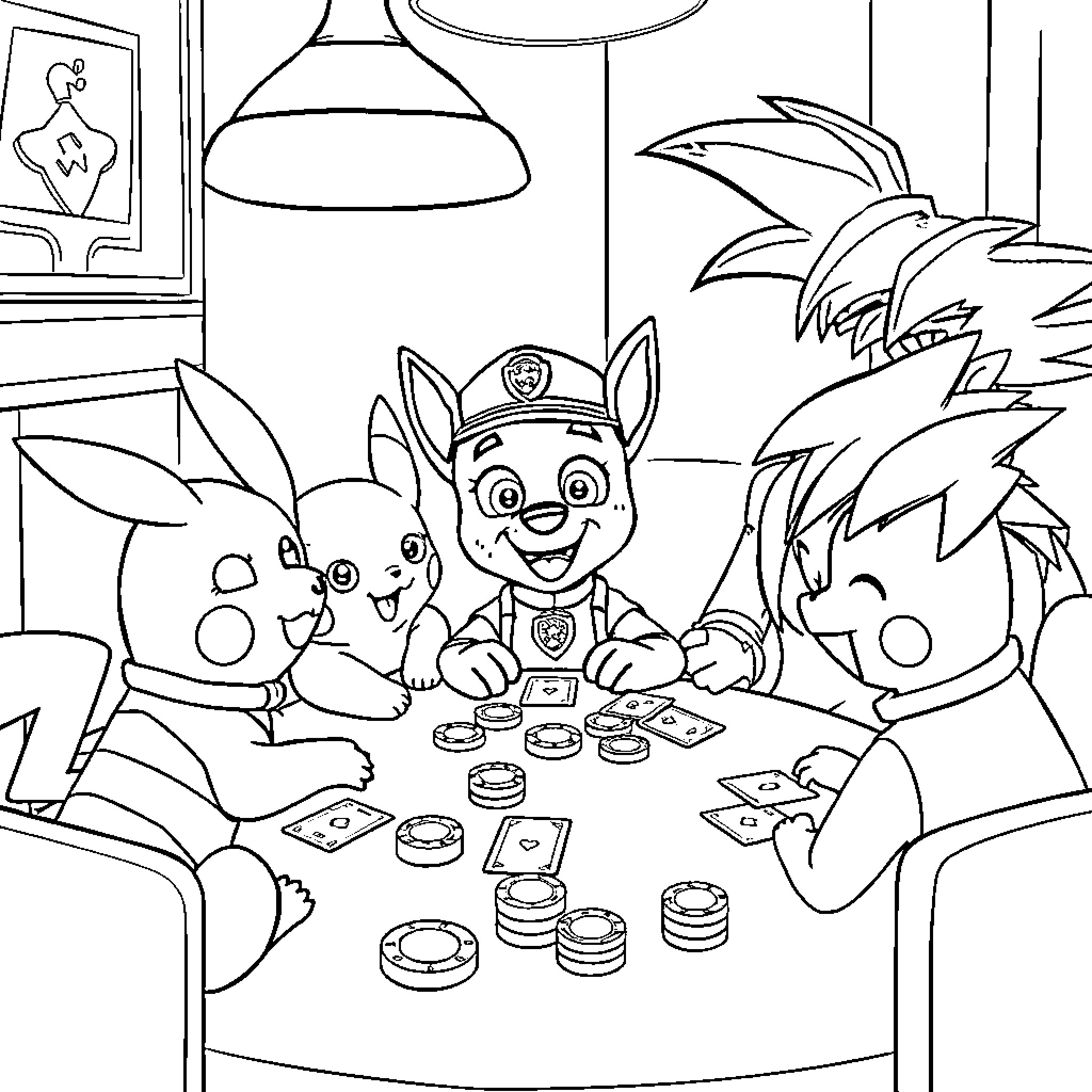 Chase the pup's playful game night Coloring Page (free black-and-white line drawing printable PDF for all, from beginners to advanced learners, including children, teens, adults, and seniors)