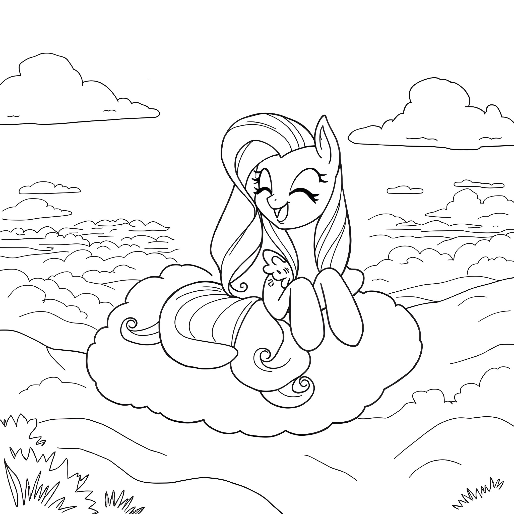 Pinkie Pie enjoying a playful cloud day Coloring Page (free black-and-white line drawing printable PDF for all, from beginners to advanced learners, including children, teens, adults, and seniors)