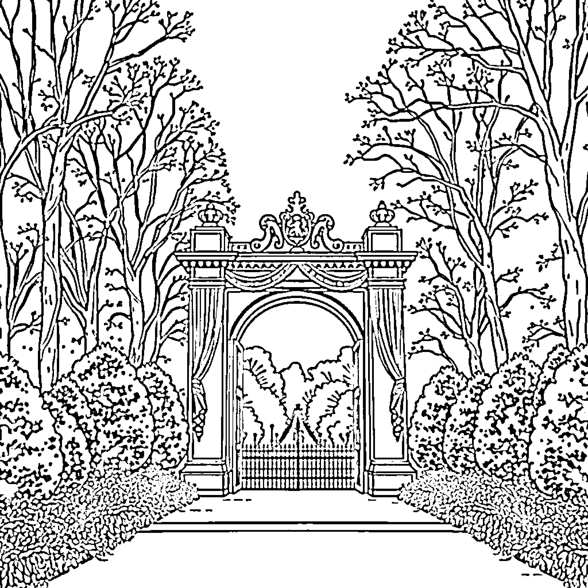 Gates to a Majestic Garden Entrance Coloring Page (free black-and-white line drawing printable PDF for all, from beginners to advanced learners, including children, teens, adults, and seniors)