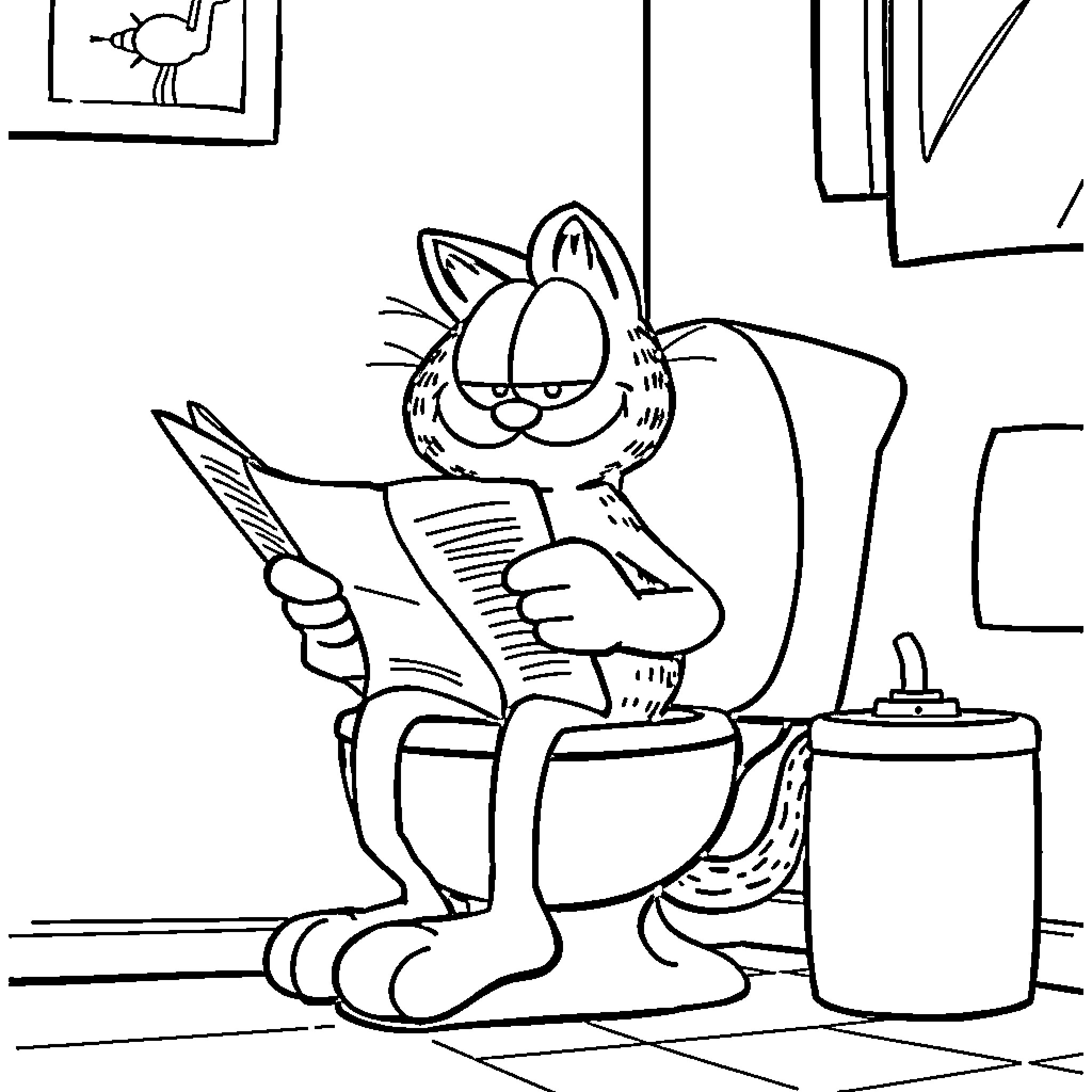 Garfield reading newspaper while sitting on toilet Coloring Page (free black-and-white line drawing printable PDF for all, from beginners to advanced learners, including children, teens, adults, and seniors)