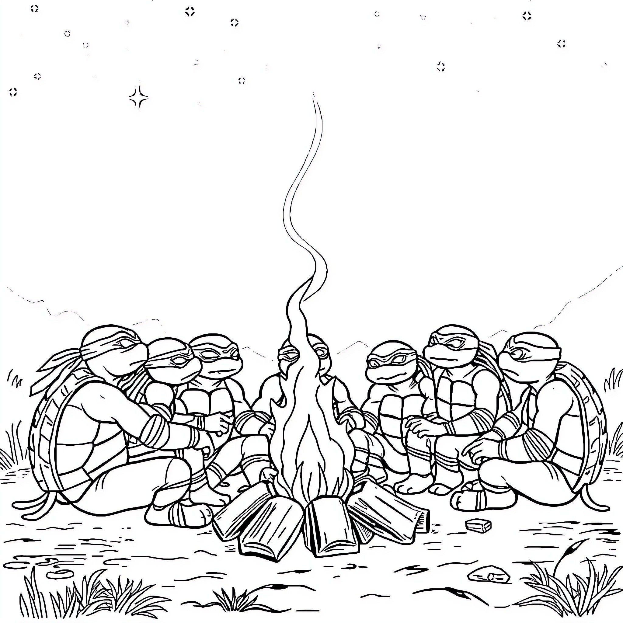 Ninja Turtles Gathered Around Campfire Coloring Page (free black-and-white line drawing printable PDF for all, from beginners to advanced learners, including children, teens, adults, and seniors)