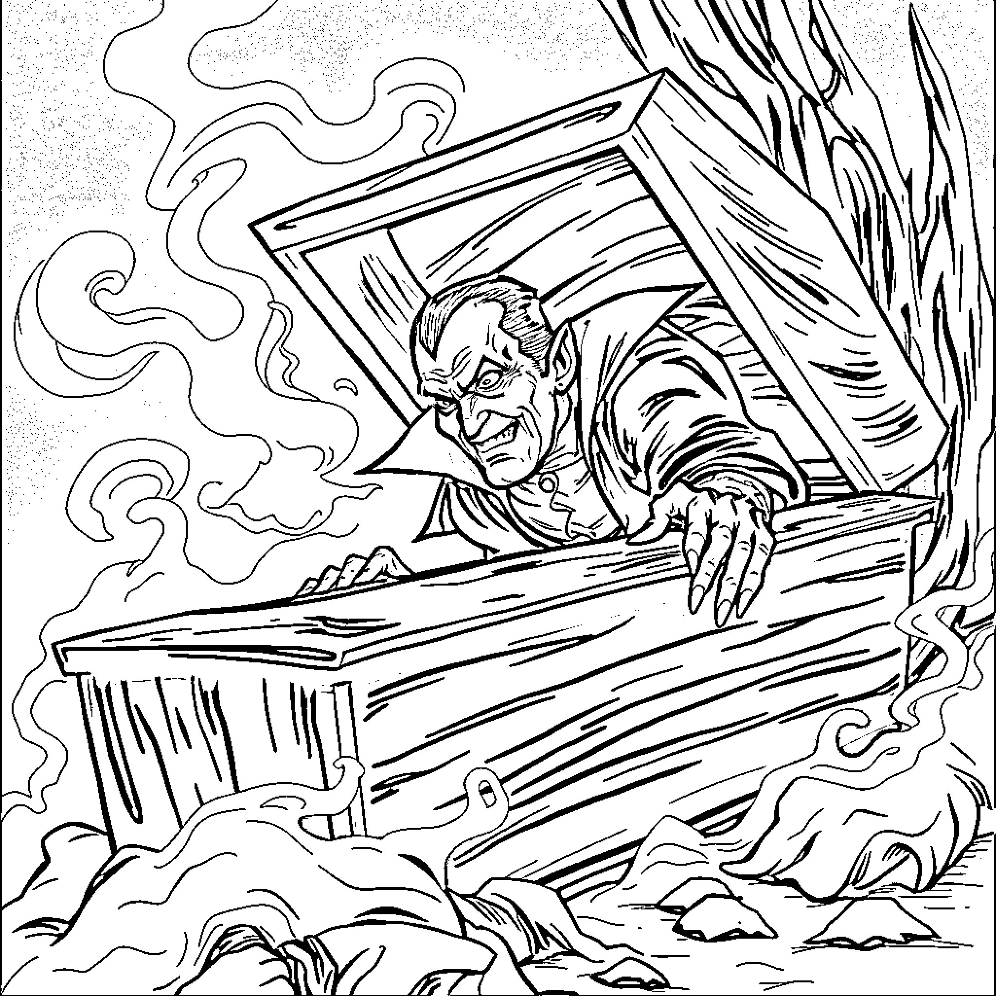 Dracula rising from his coffin in a spooky, atmospheric scene Coloring Page (free black-and-white line drawing printable PDF for all, from beginners to advanced learners, including children, teens, adults, and seniors)