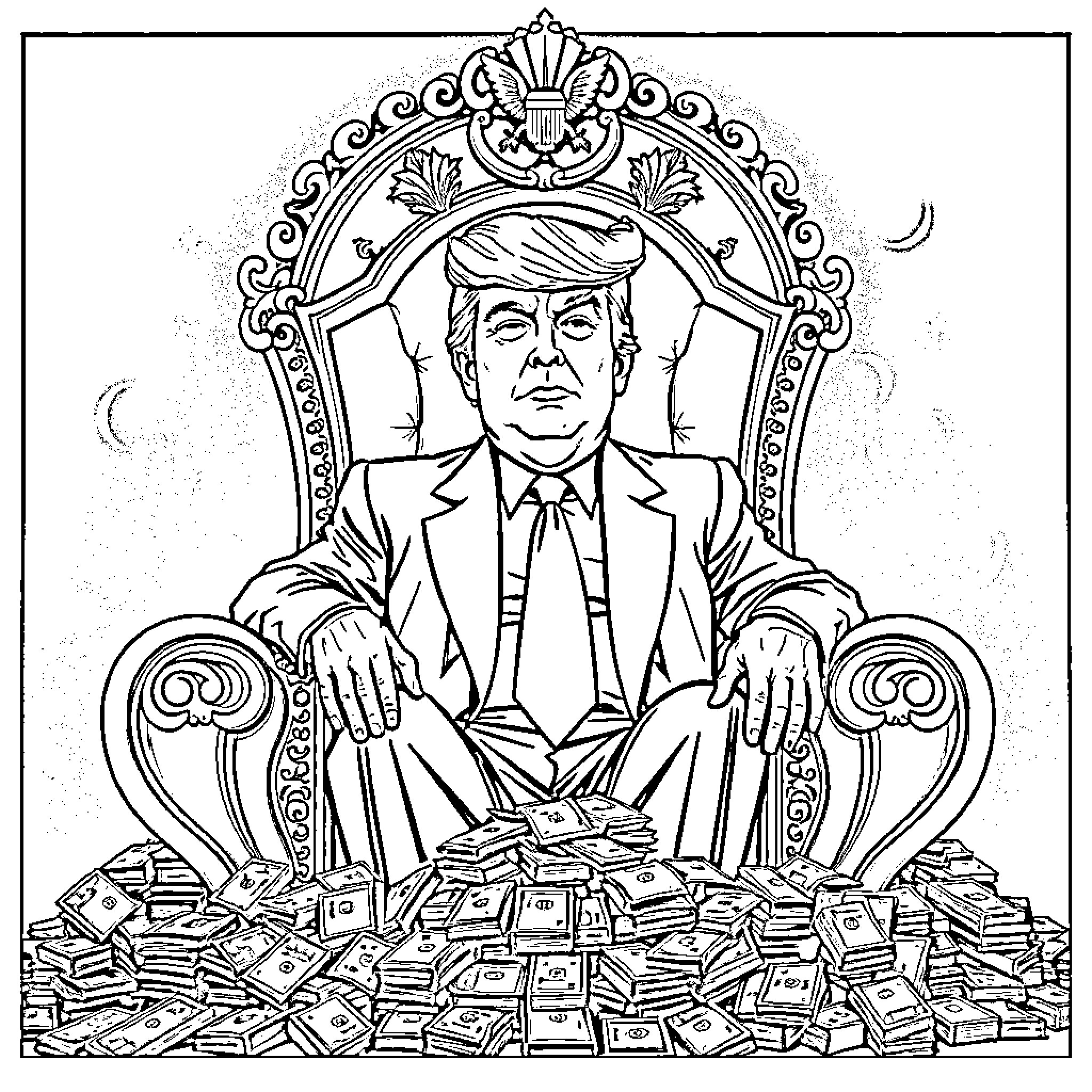 Donald Trump Enthroned Amidst Wealth and Power Coloring Page (free black-and-white line drawing printable PDF for all, from beginners to advanced learners, including children, teens, adults, and seniors)