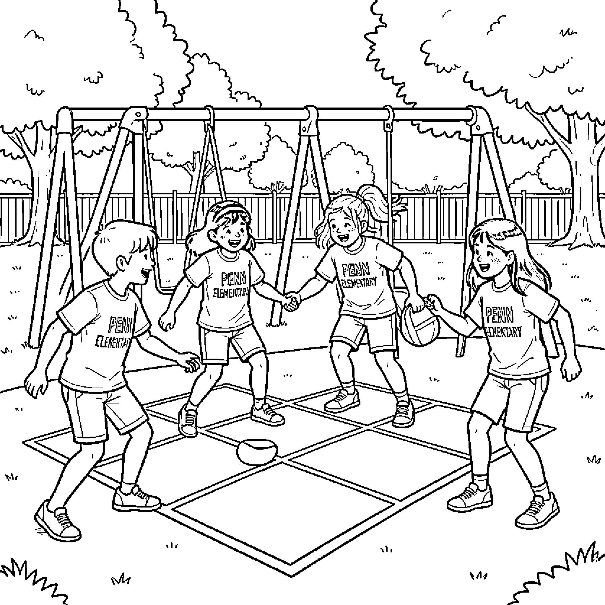 Student playing hopscotch with friends on the playground Coloring Page (free black-and-white line drawing printable PDF for all, from beginners to advanced learners, including children, teens, adults, and seniors)
