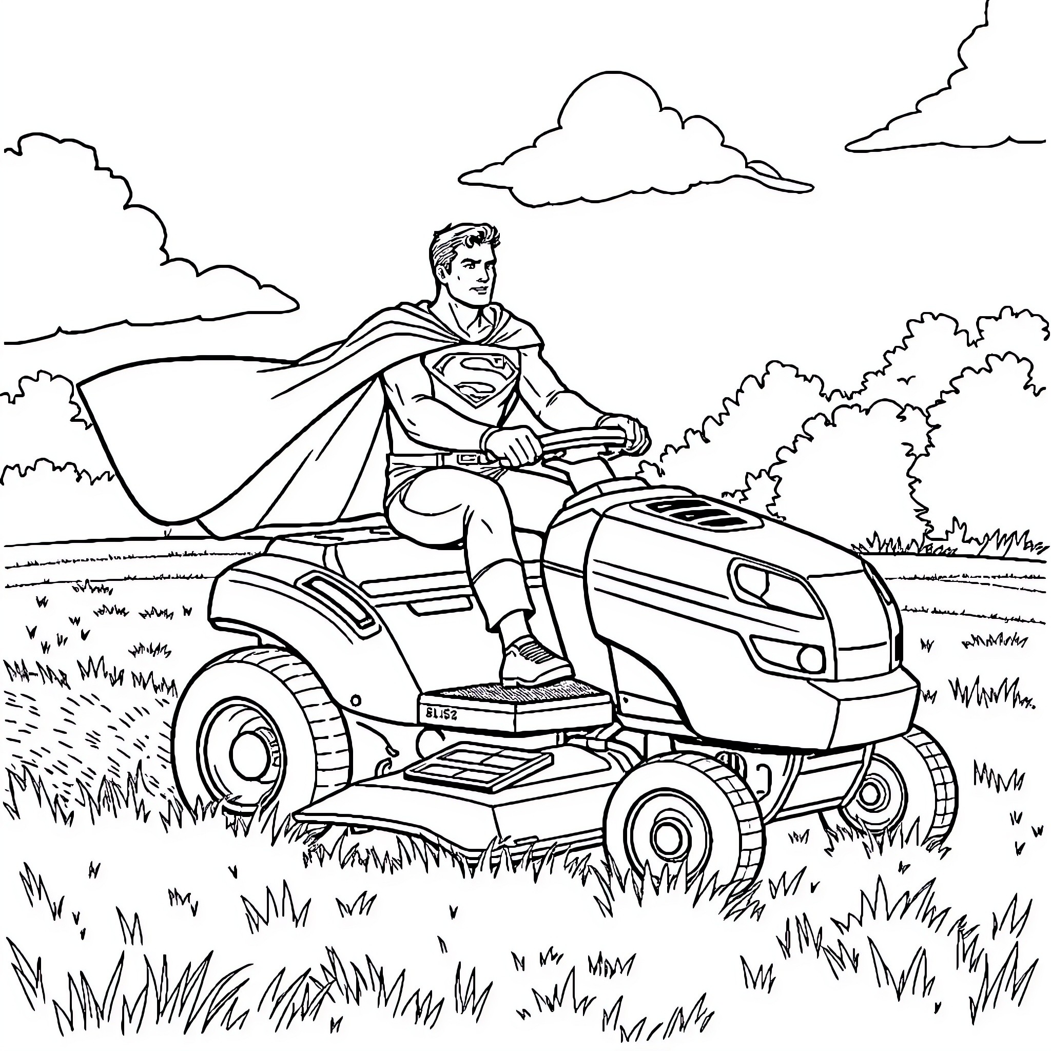 Superman Riding Powerful Lawn Mower Through Grassy Field Coloring Page (free black-and-white line drawing printable PDF for all, from beginners to advanced learners, including children, teens, adults, and seniors)