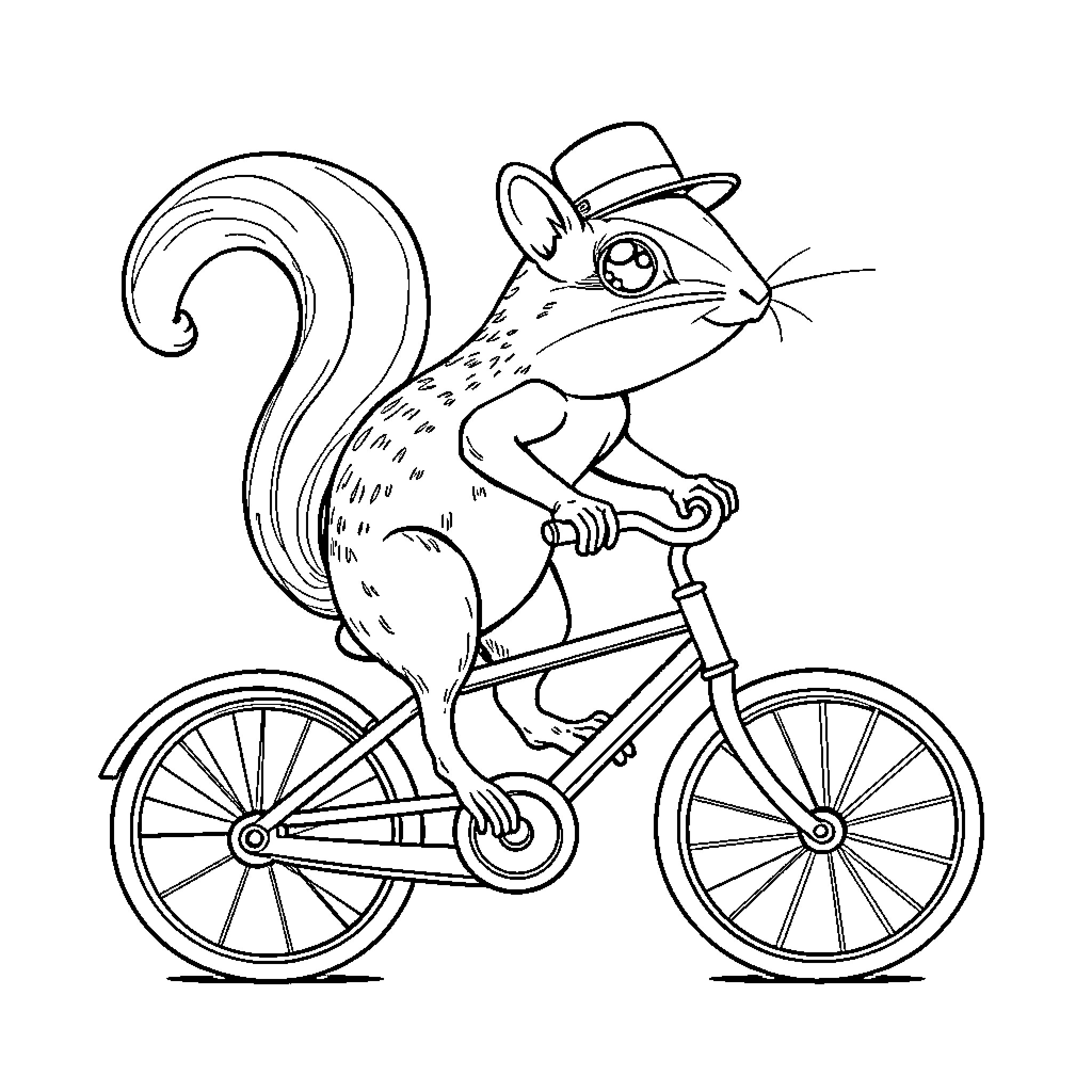 Ant riding a bicycle with a hat Coloring Page (free black-and-white line drawing printable PDF for all, from beginners to advanced learners, including children, teens, adults, and seniors)