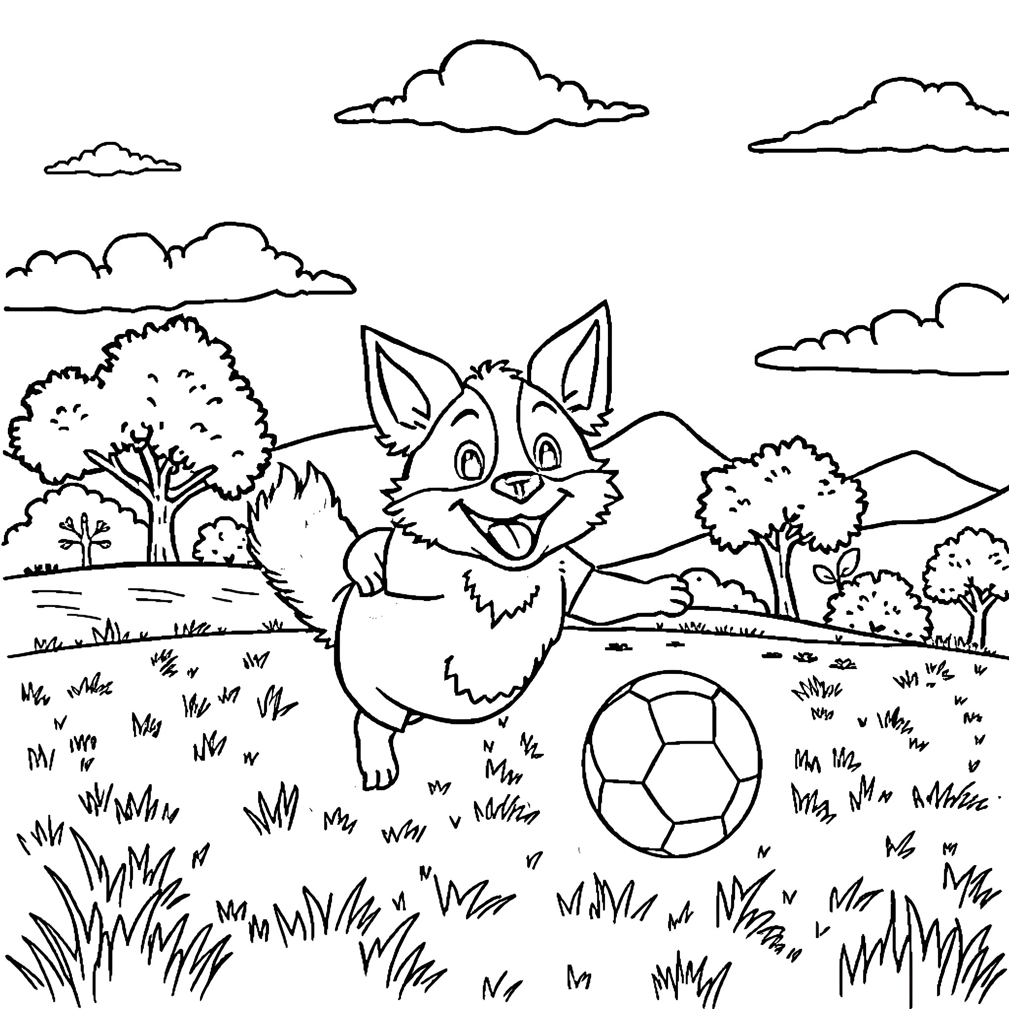 Xolo the playful pup enjoys a sunny day outdoors Coloring Page (free black-and-white line drawing printable PDF for all, from beginners to advanced learners, including children, teens, adults, and seniors)