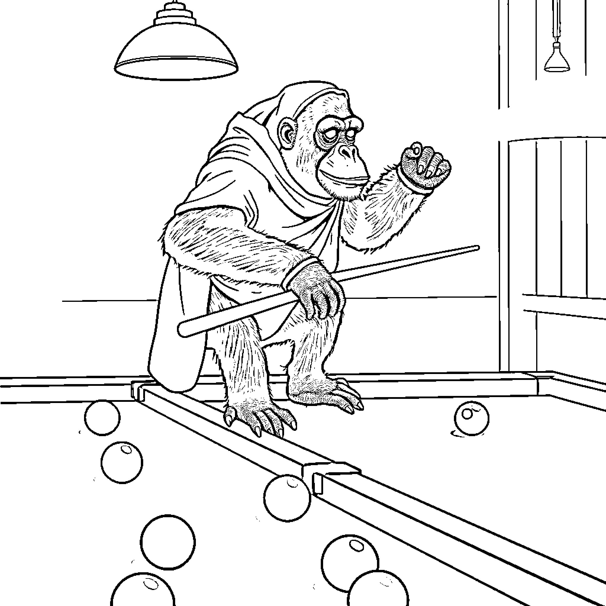Chimp playing pool in a dimly lit room Coloring Page (free black-and-white line drawing printable PDF for all, from beginners to advanced learners, including children, teens, adults, and seniors)