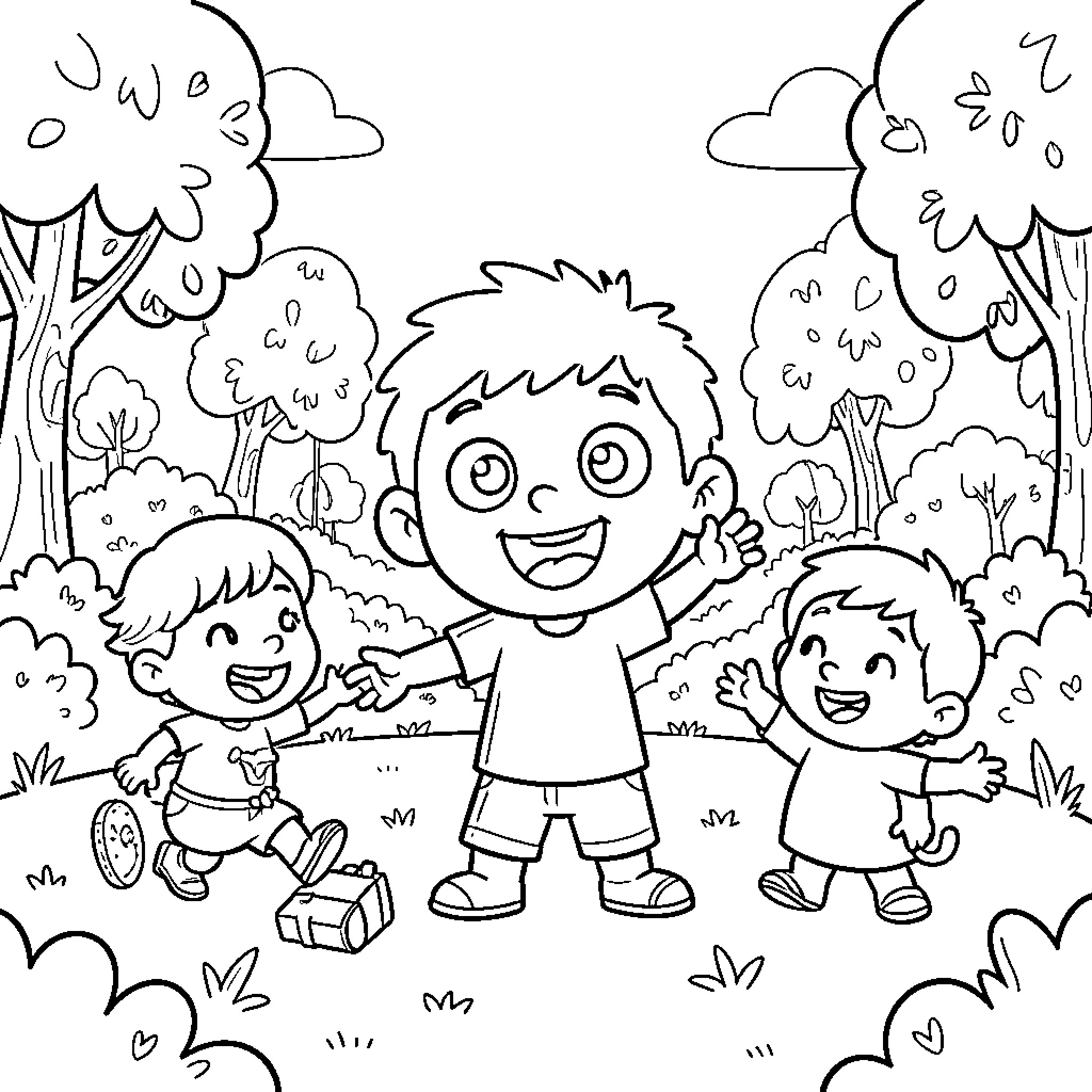 Pocoyo and friends enjoying outdoor activities Coloring Page (free black-and-white line drawing printable PDF for all, from beginners to advanced learners, including children, teens, adults, and seniors)