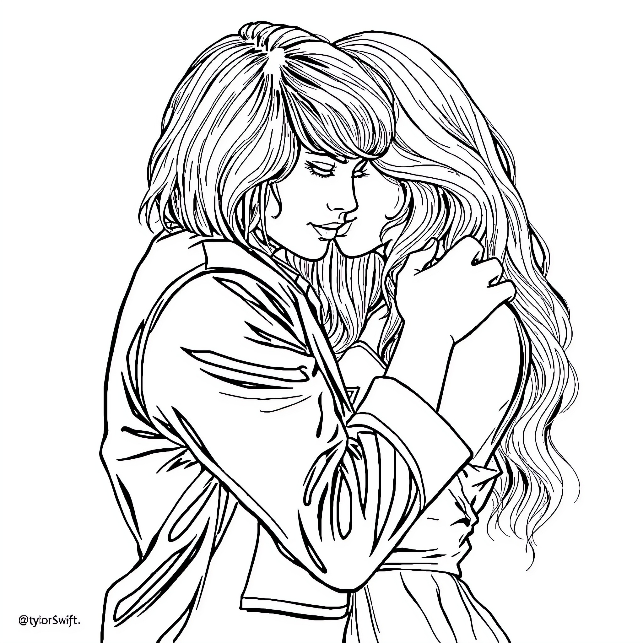 Taylor Swift in a tender embrace Coloring Page (free black-and-white line drawing printable PDF for all, from beginners to advanced learners, including children, teens, adults, and seniors)