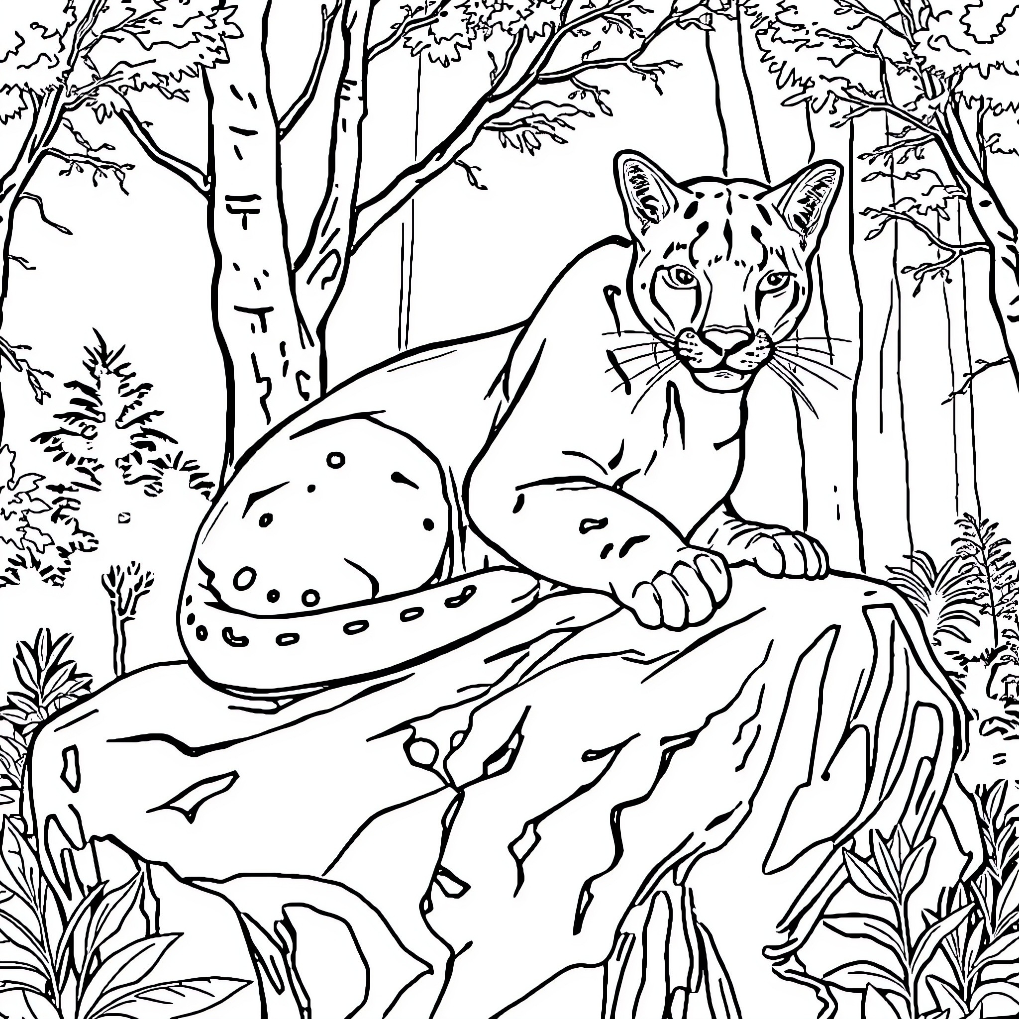 Puma stalking prey in forest Coloring Page (free black-and-white line drawing printable PDF for all, from beginners to advanced learners, including children, teens, adults, and seniors)