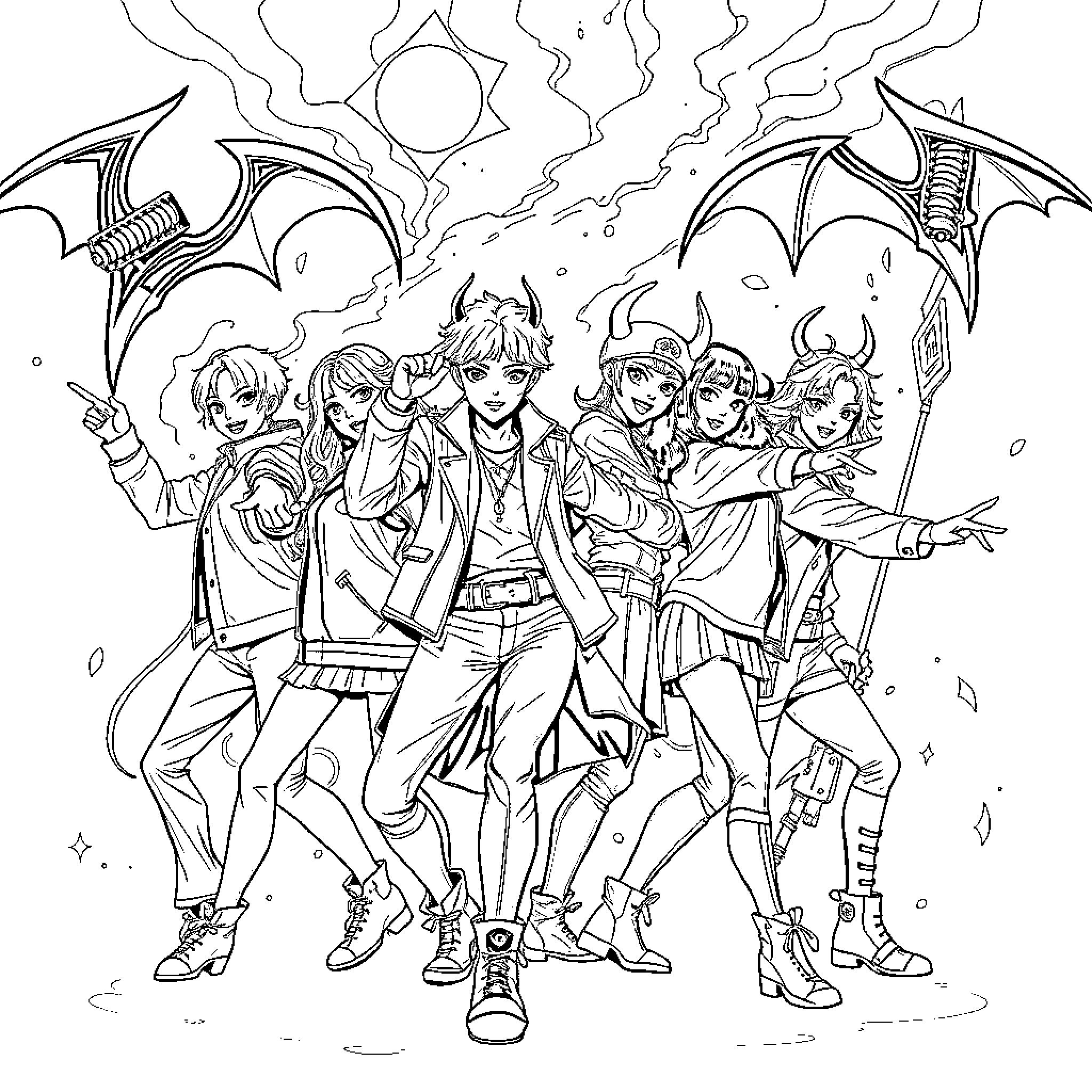 Demon Hunters in Action with Fantastic Outfits Coloring Page (free black-and-white line drawing printable PDF for all, from beginners to advanced learners, including children, teens, adults, and seniors)