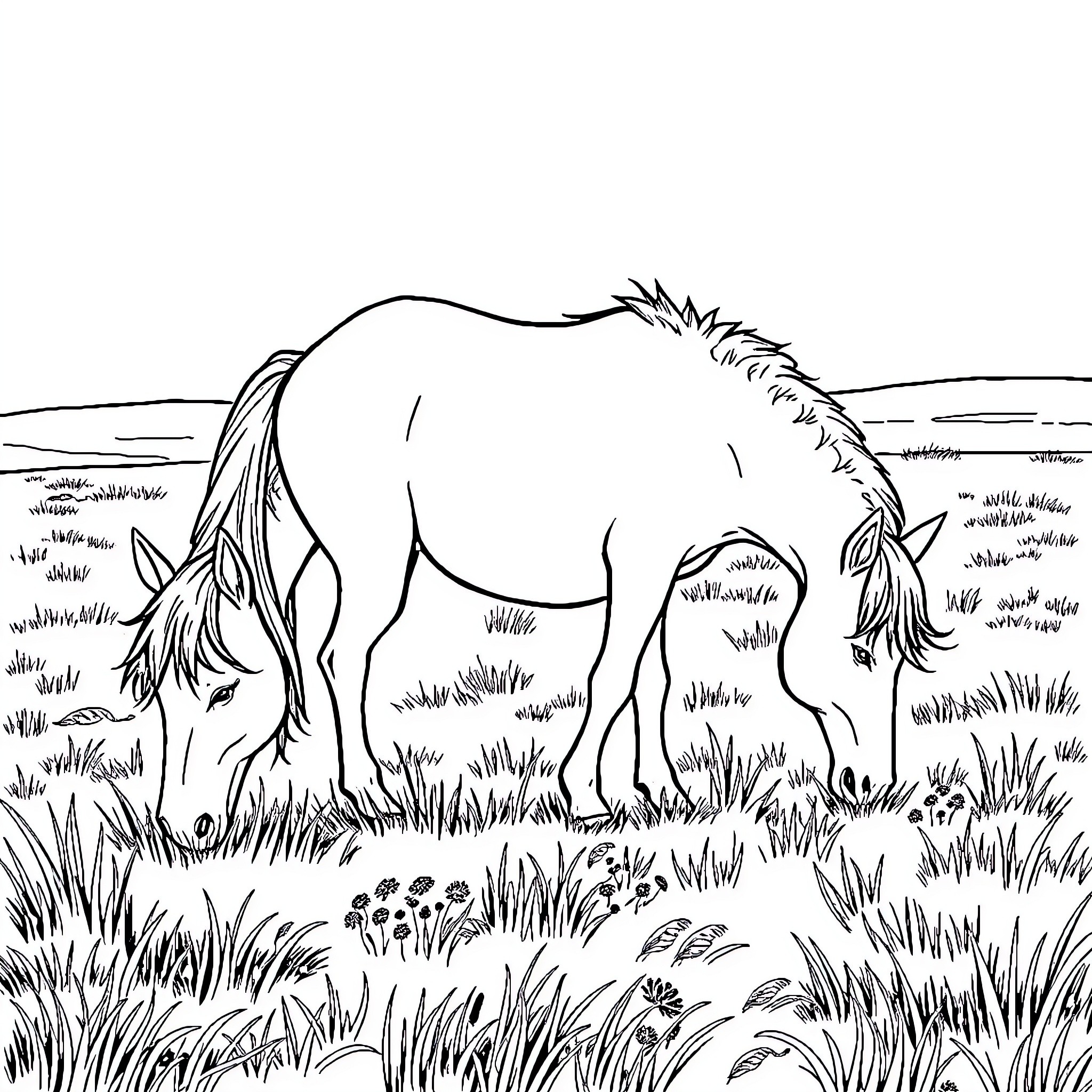 Pony grazing peacefully in a grassy meadow Coloring Page (free black-and-white line drawing printable PDF for all, from beginners to advanced learners, including children, teens, adults, and seniors)