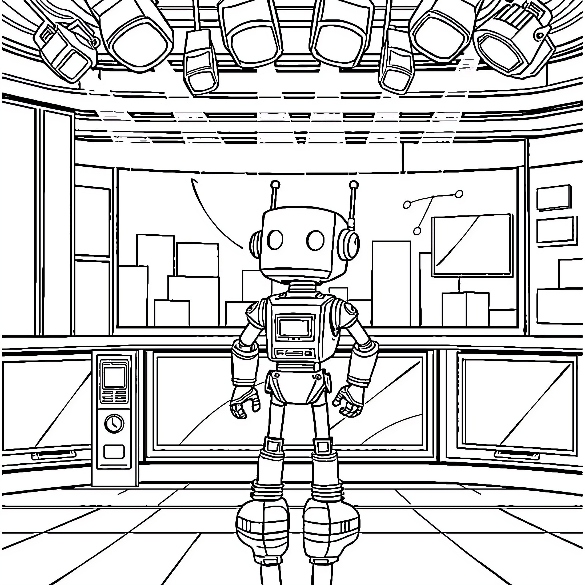 Robot standing in futuristic laboratory Coloring Page (free black-and-white line drawing printable PDF for all, from beginners to advanced learners, including children, teens, adults, and seniors)