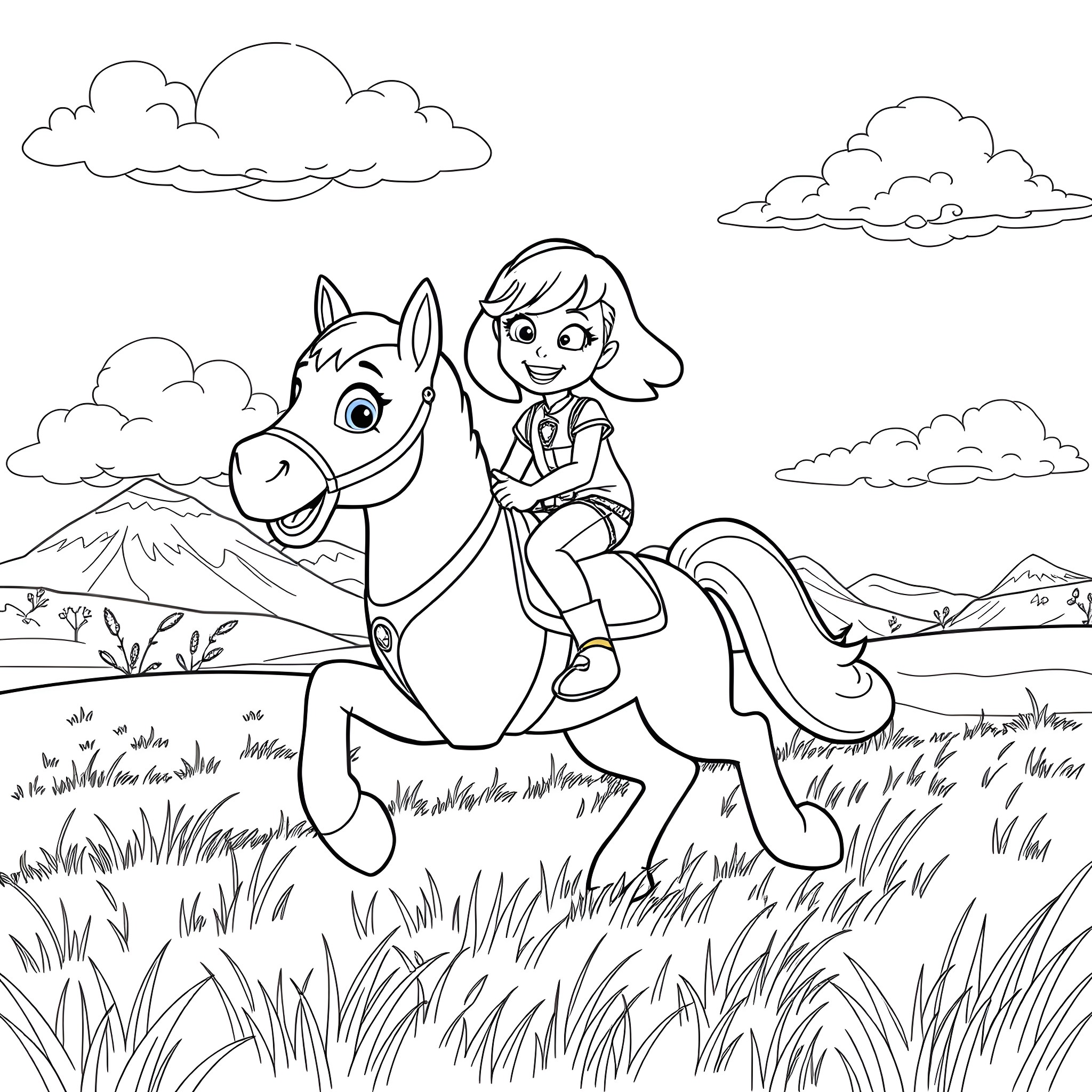 Skye riding a horse in the countryside Coloring Page (free black-and-white line drawing printable PDF for all, from beginners to advanced learners, including children, teens, adults, and seniors)