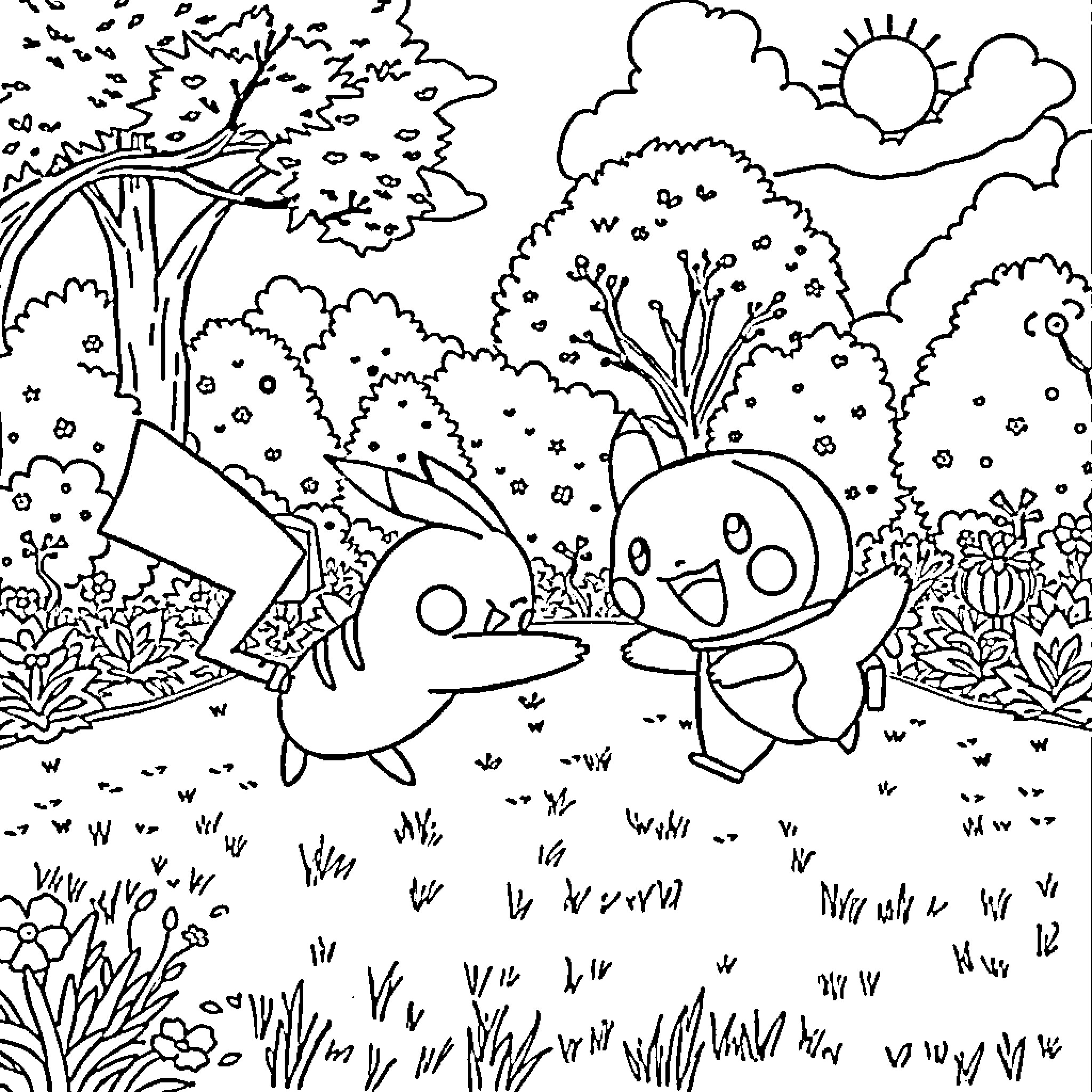 Pikachu exploring a peaceful woodland scene Coloring Page (free black-and-white line drawing printable PDF for all, from beginners to advanced learners, including children, teens, adults, and seniors)