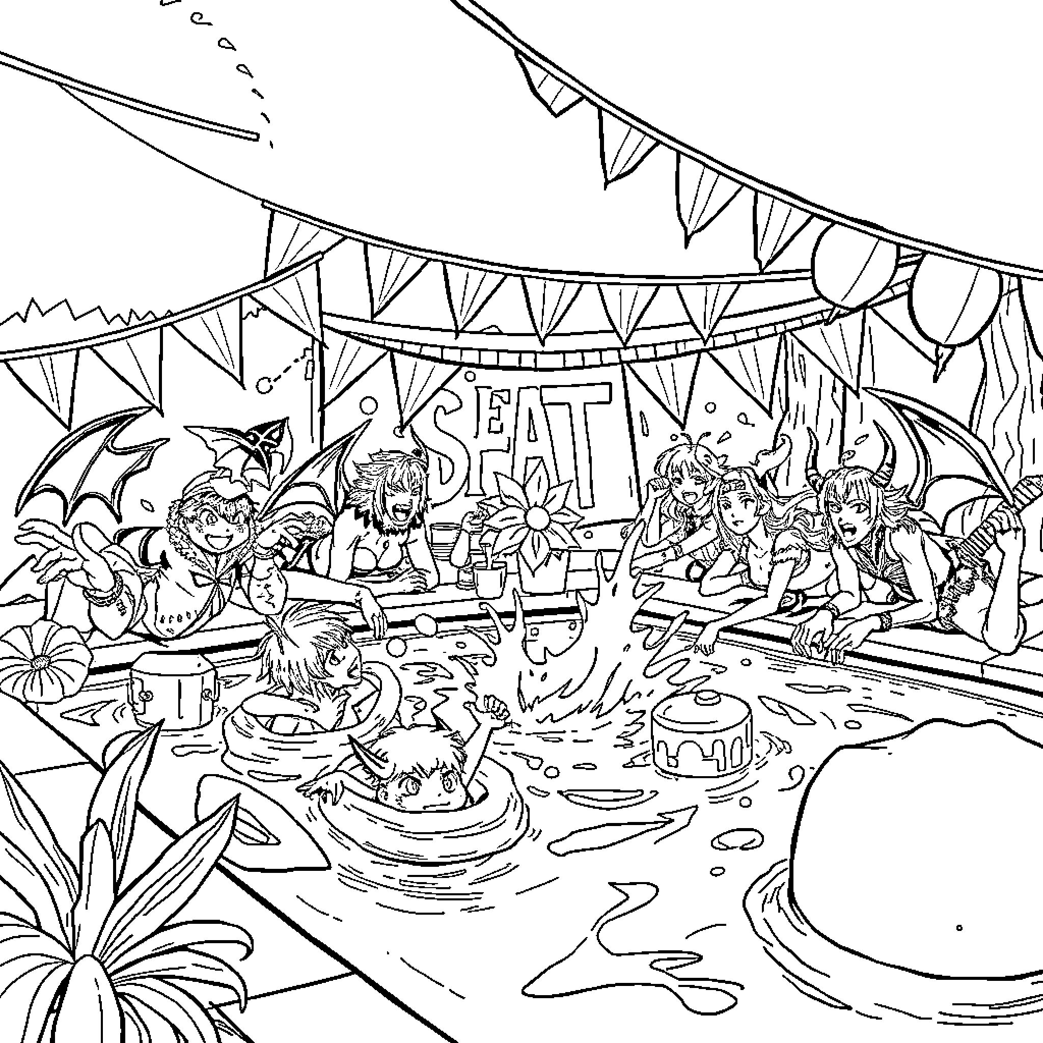 Demon Slayer: Vibrant Festival Celebration Coloring Page (free black-and-white line drawing printable PDF for all, from beginners to advanced learners, including children, teens, adults, and seniors)
