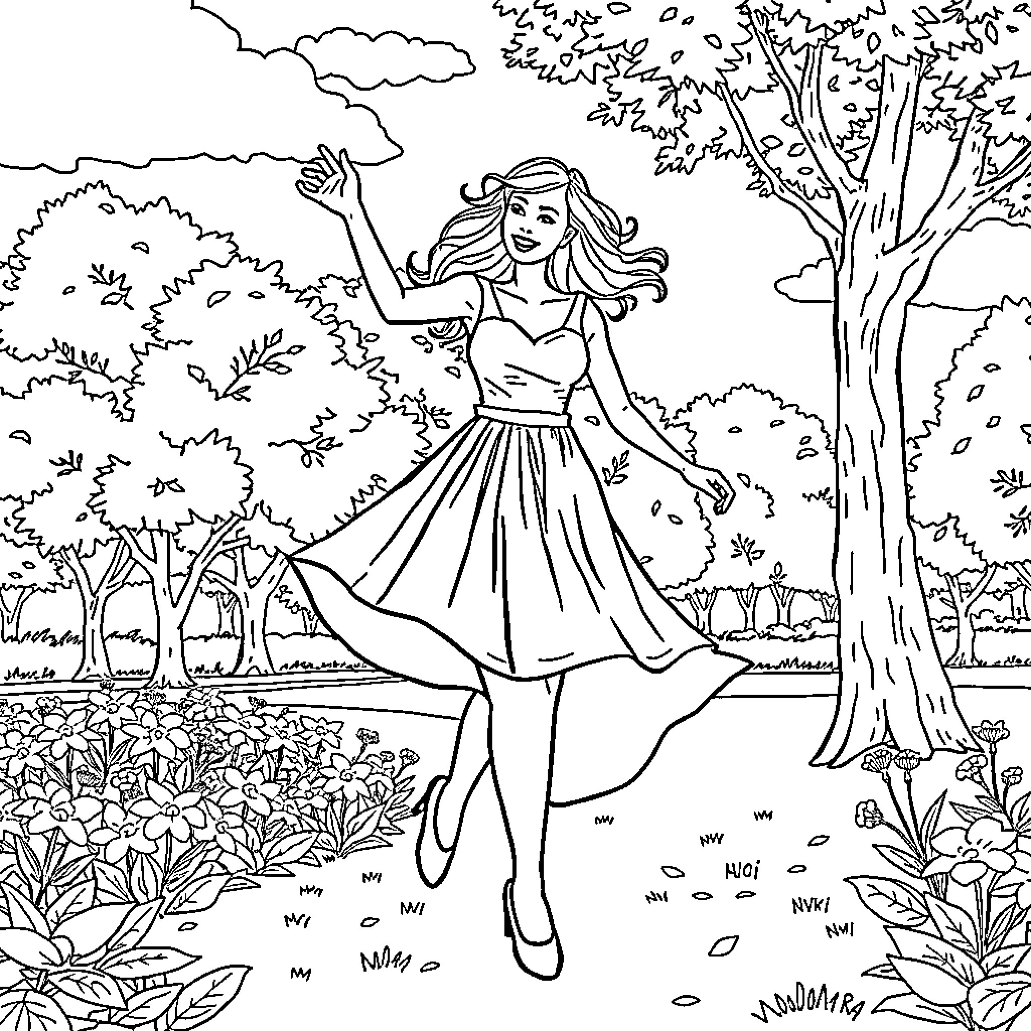 Anya Forger enjoying a carefree moment in nature Coloring Page (free black-and-white line drawing printable PDF for all, from beginners to advanced learners, including children, teens, adults, and seniors)