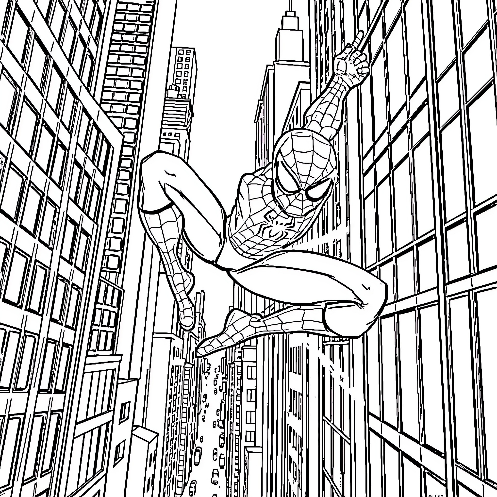 Spiderman swinging through the city skyline Coloring Page (free black-and-white line drawing printable PDF for all, from beginners to advanced learners, including children, teens, adults, and seniors)