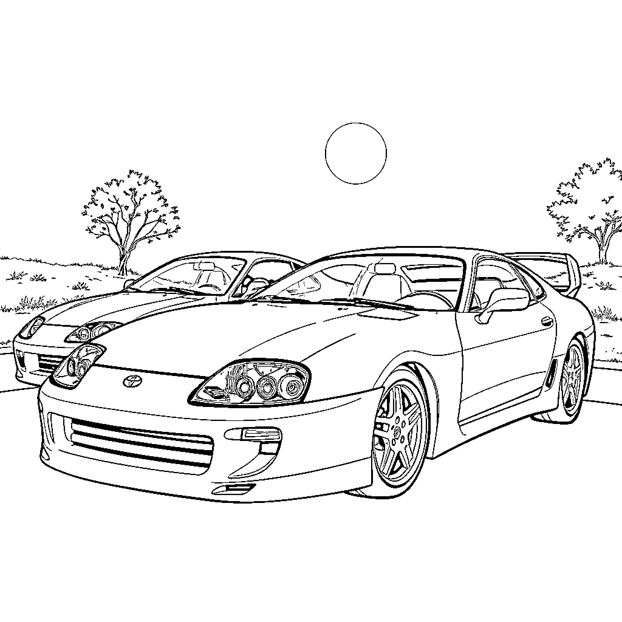 Car parked on countryside road Coloring Page (free black-and-white line drawing printable PDF for all, from beginners to advanced learners, including children, teens, adults, and seniors)
