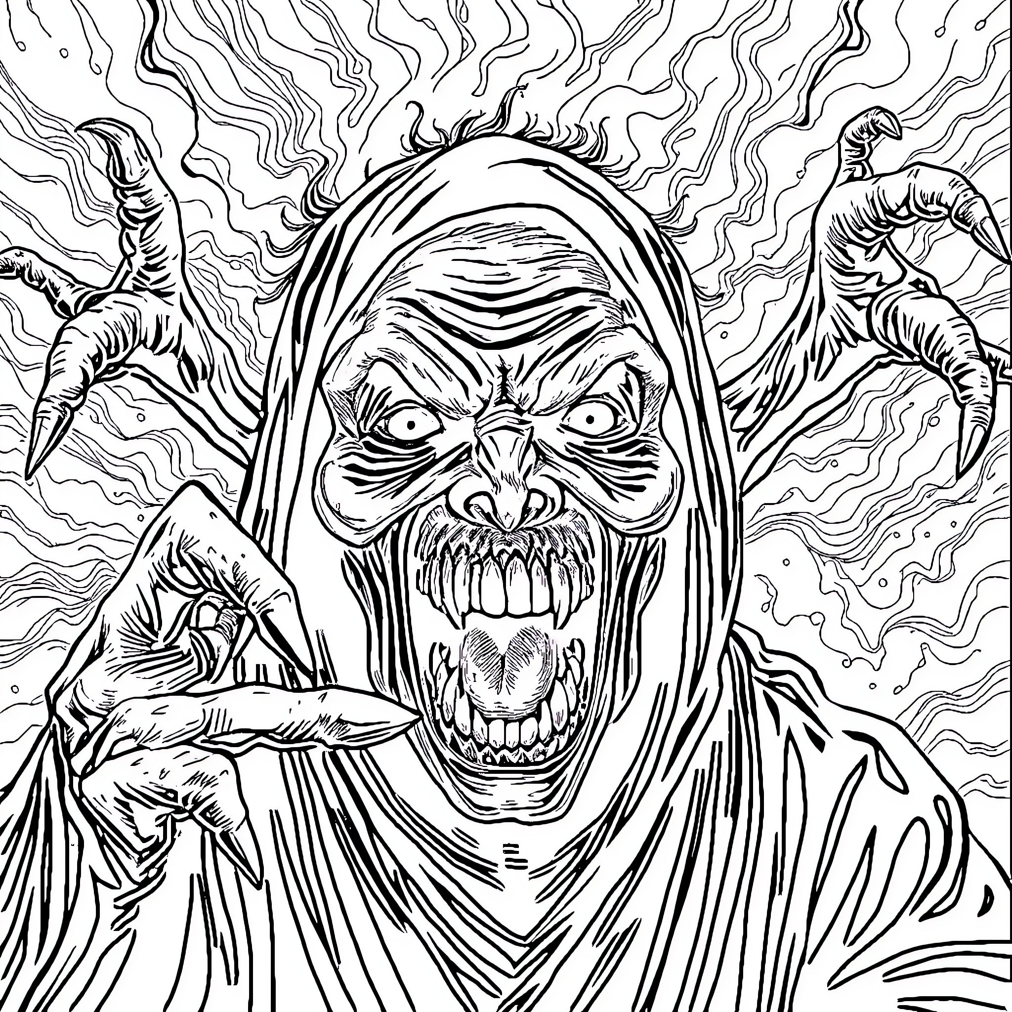 Terror of the Grotesque Specter Coloring Page (free black-and-white line drawing printable PDF for all, from beginners to advanced learners, including children, teens, adults, and seniors)