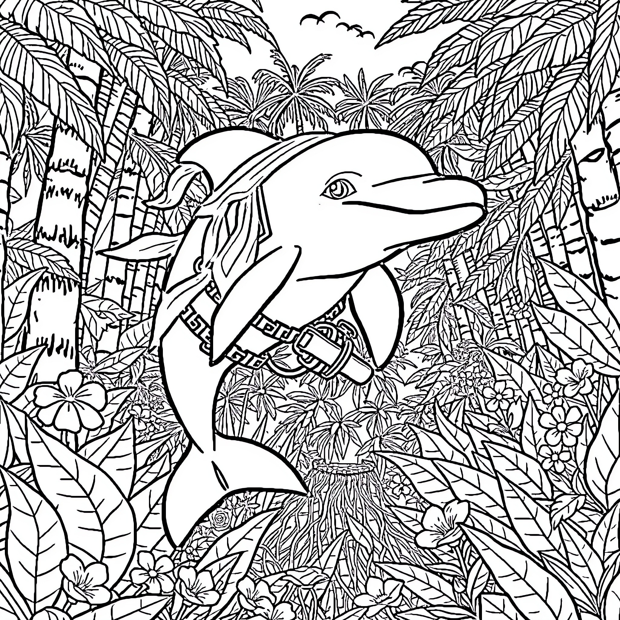 Dolphin swimming through tropical foliage Coloring Page (free black-and-white line drawing printable PDF for all, from beginners to advanced learners, including children, teens, adults, and seniors)