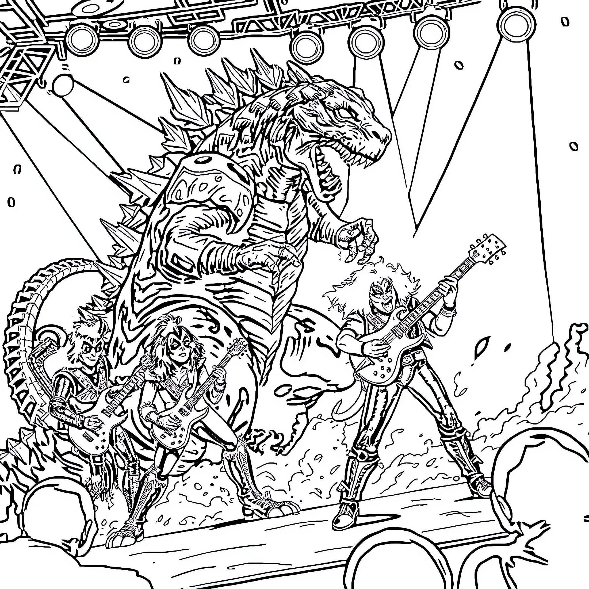 Godzilla battling a rock musician on stage Coloring Page (free black-and-white line drawing printable PDF for all, from beginners to advanced learners, including children, teens, adults, and seniors)