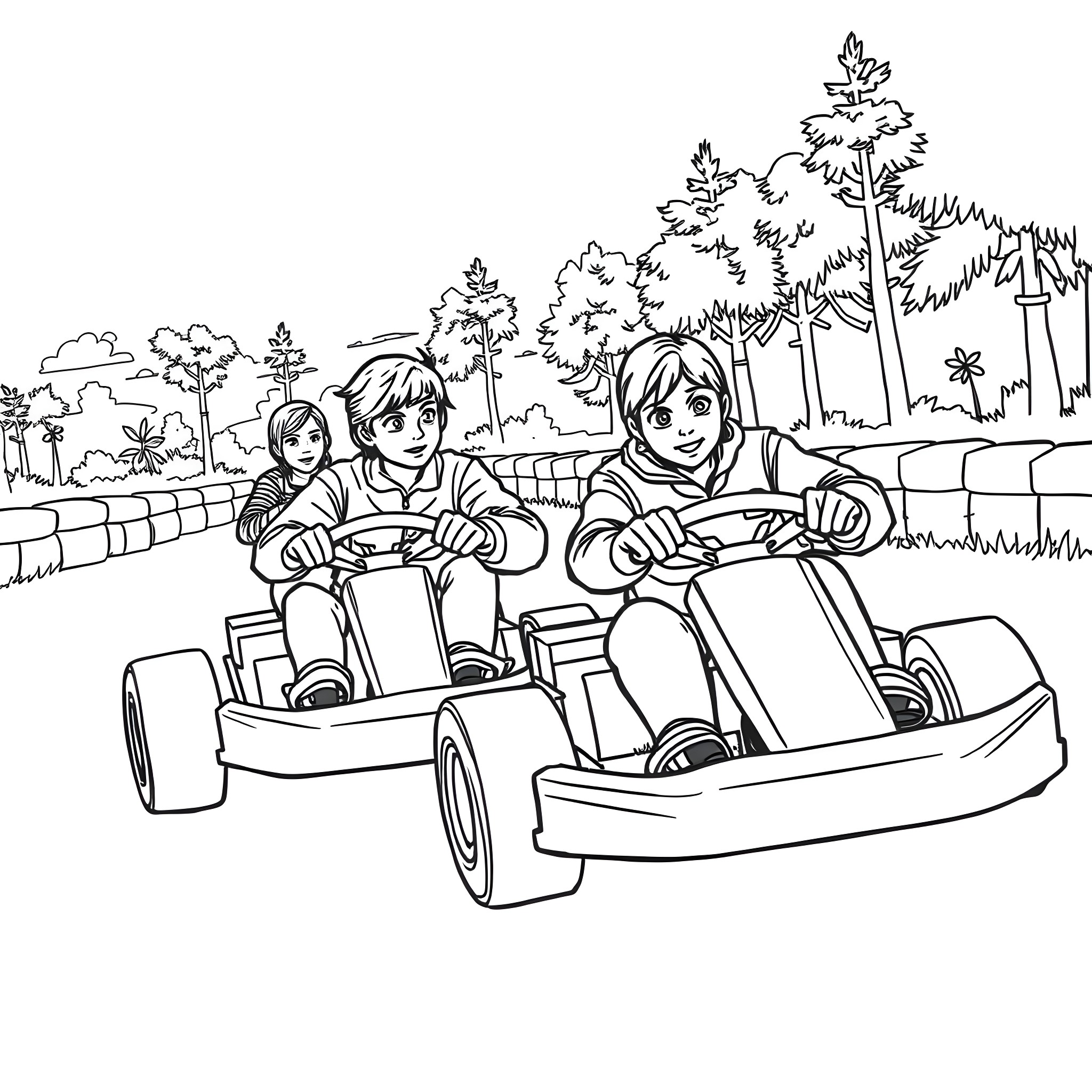 Go Kart Racing Adventure with Friends Coloring Page (free black-and-white line drawing printable PDF for all, from beginners to advanced learners, including children, teens, adults, and seniors)