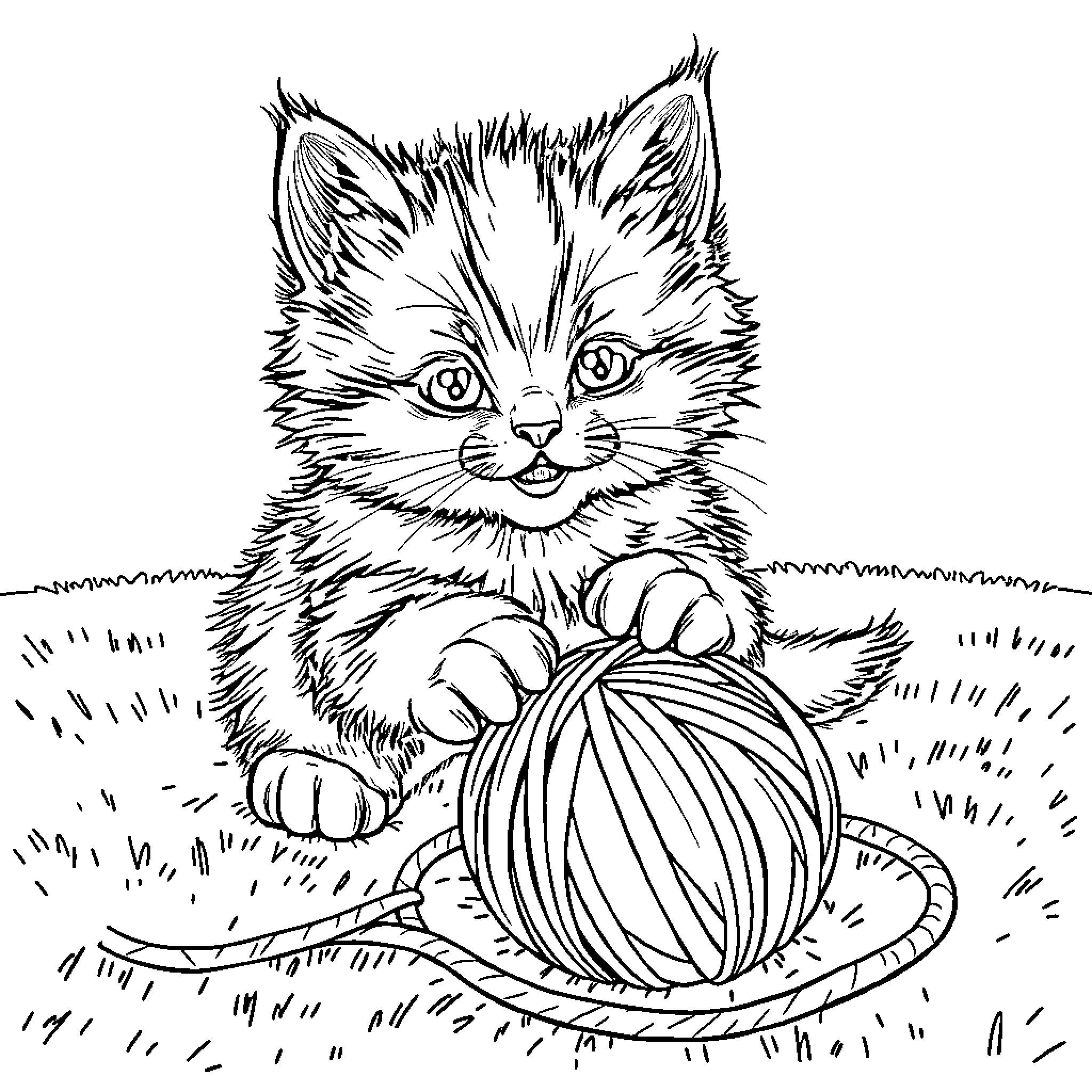 Kitten playing with ball of yarn Coloring Page (free black-and-white line drawing printable PDF for all, from beginners to advanced learners, including children, teens, adults, and seniors)