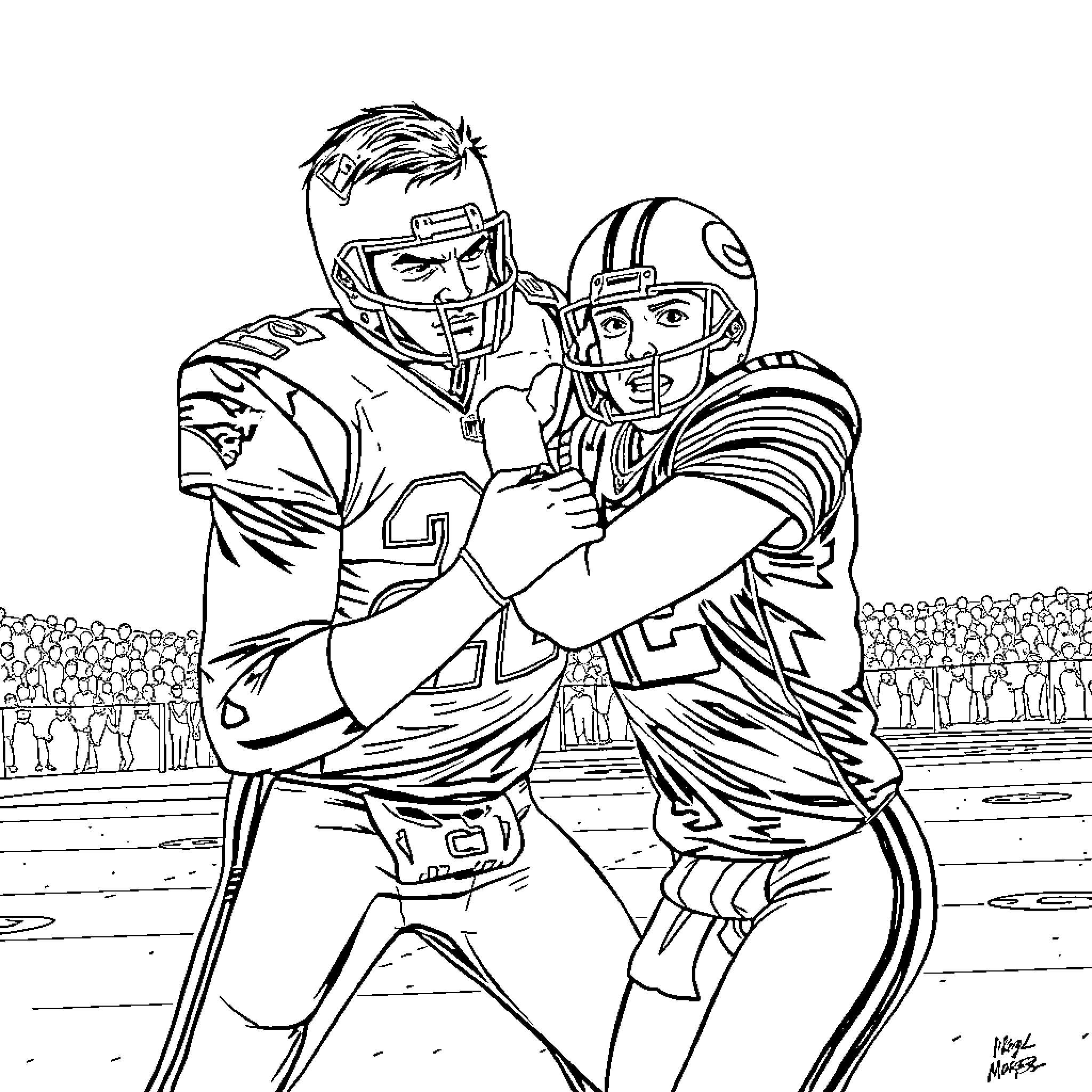 Tom Brady facing off with Green Bay quarterback on football field Coloring Page (free black-and-white line drawing printable PDF for all, from beginners to advanced learners, including children, teens, adults, and seniors)