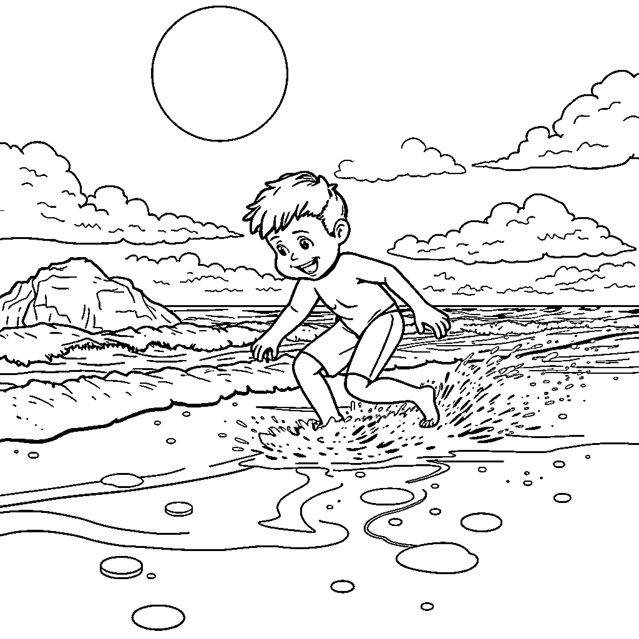 Pato exploring the beach on a sunny day Coloring Page (free black-and-white line drawing printable PDF for all, from beginners to advanced learners, including children, teens, adults, and seniors)